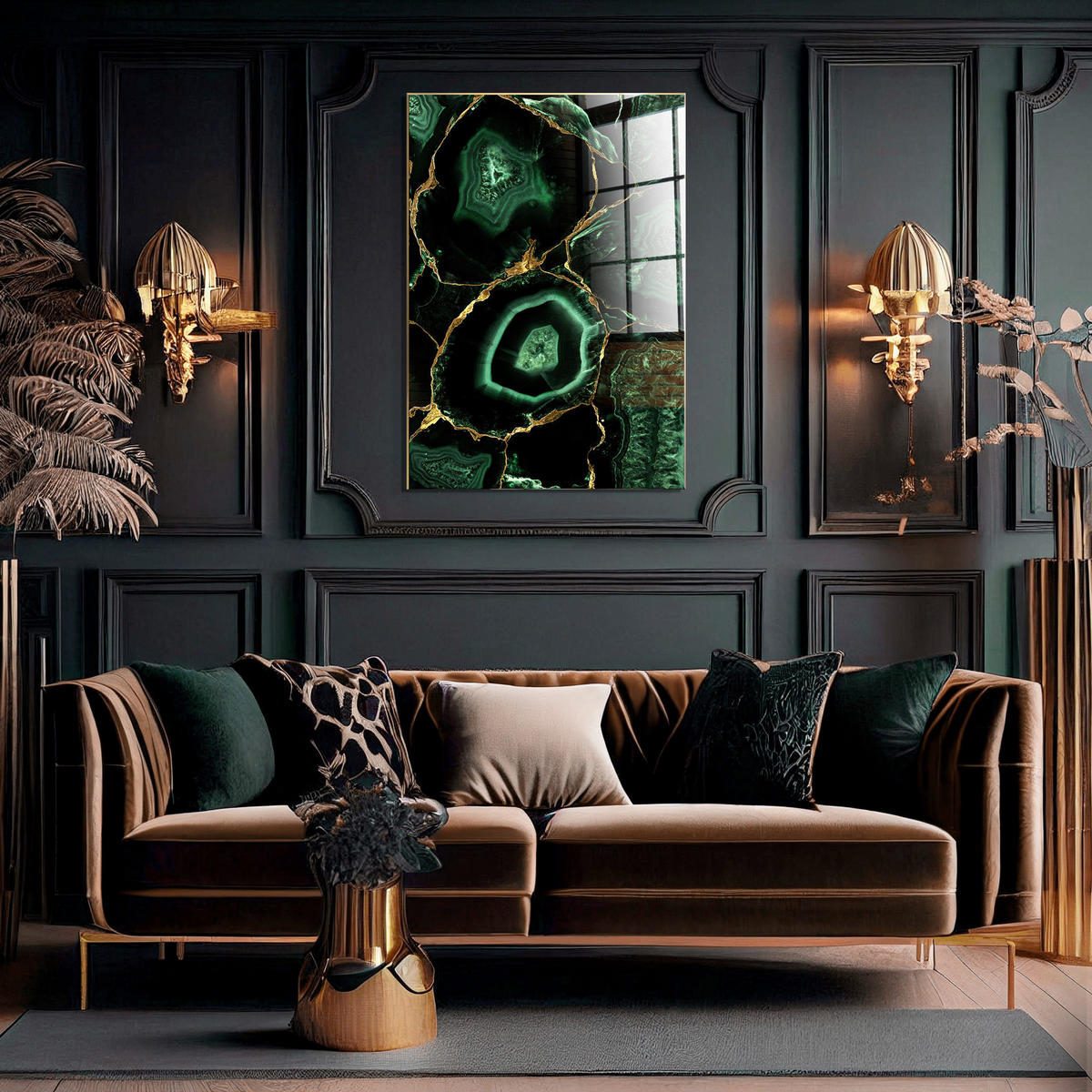 GLASBILD Steine 80/120 cm  - Smaragdgrün/Goldfarben, Basics, Glas/Holz (80/120cm)