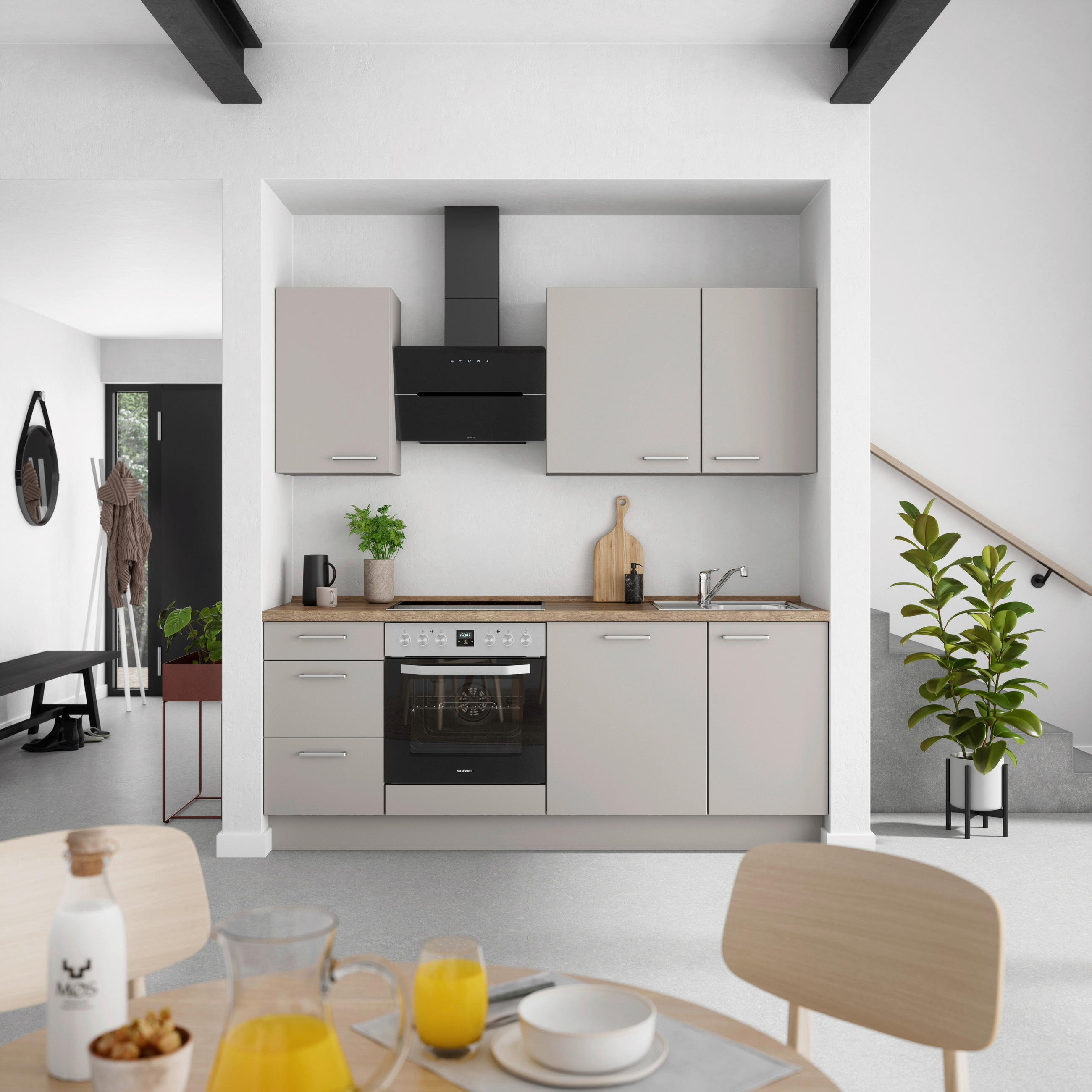 KÜCHENBLOCK 210 cm   in Grau, Eiche dunkel  - Eiche dunkel/Edelstahlfarben, MODERN, Holzwerkstoff/Metall (210cm) - Nobilia