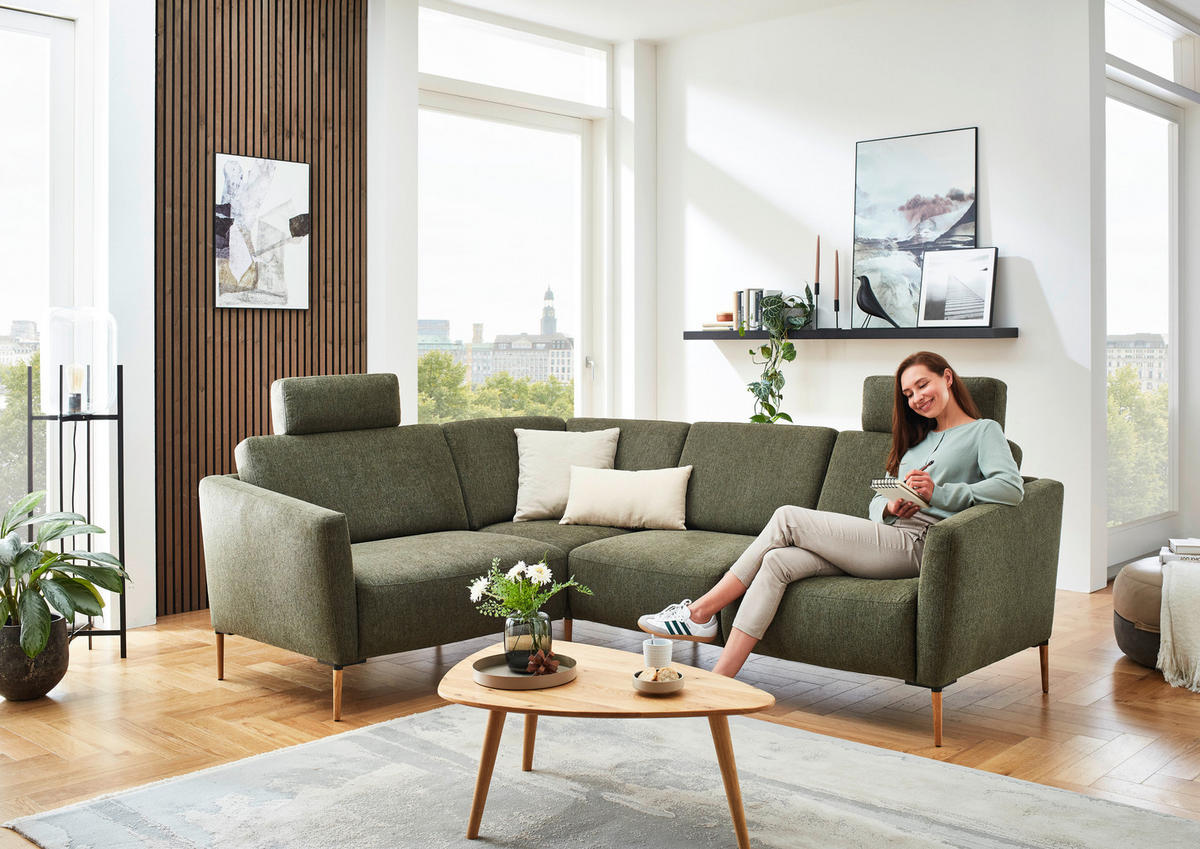 ECKSOFA in Flachgewebe Olivgrün  189/236 cm  - Eichefarben/Olivgrün, Design, Holz/Textil (189/236cm) - Valnatura