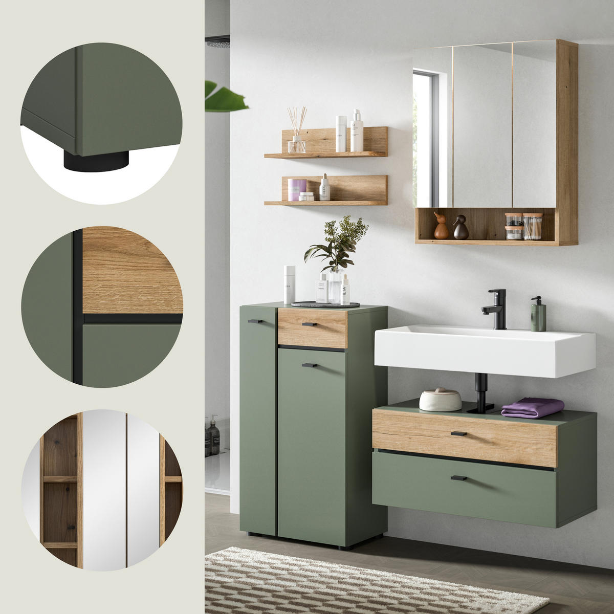 BADEZIMMER 4-teilig  in 126 cm  - Eichefarben/Schwarz, Trend, Glas/Holzwerkstoff (126cm) - MID.YOU