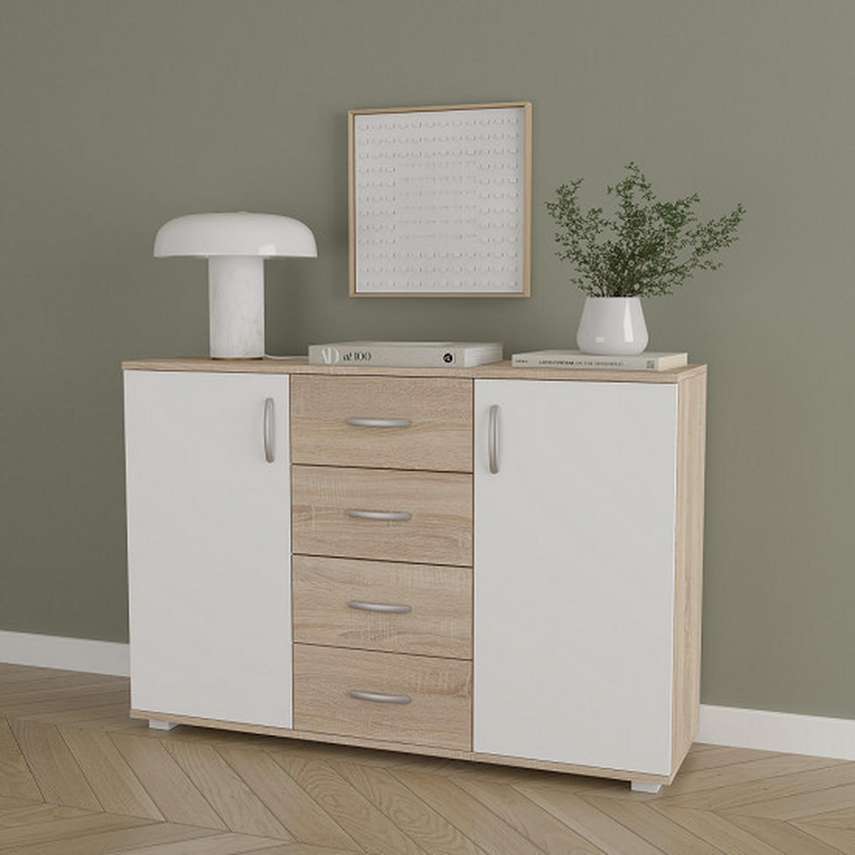 KOMODA   120/35/82 cm   bijela, hrast Sonoma  - bijela/boje aluminija, Design, drvni materijal/metal (120/35/82cm)