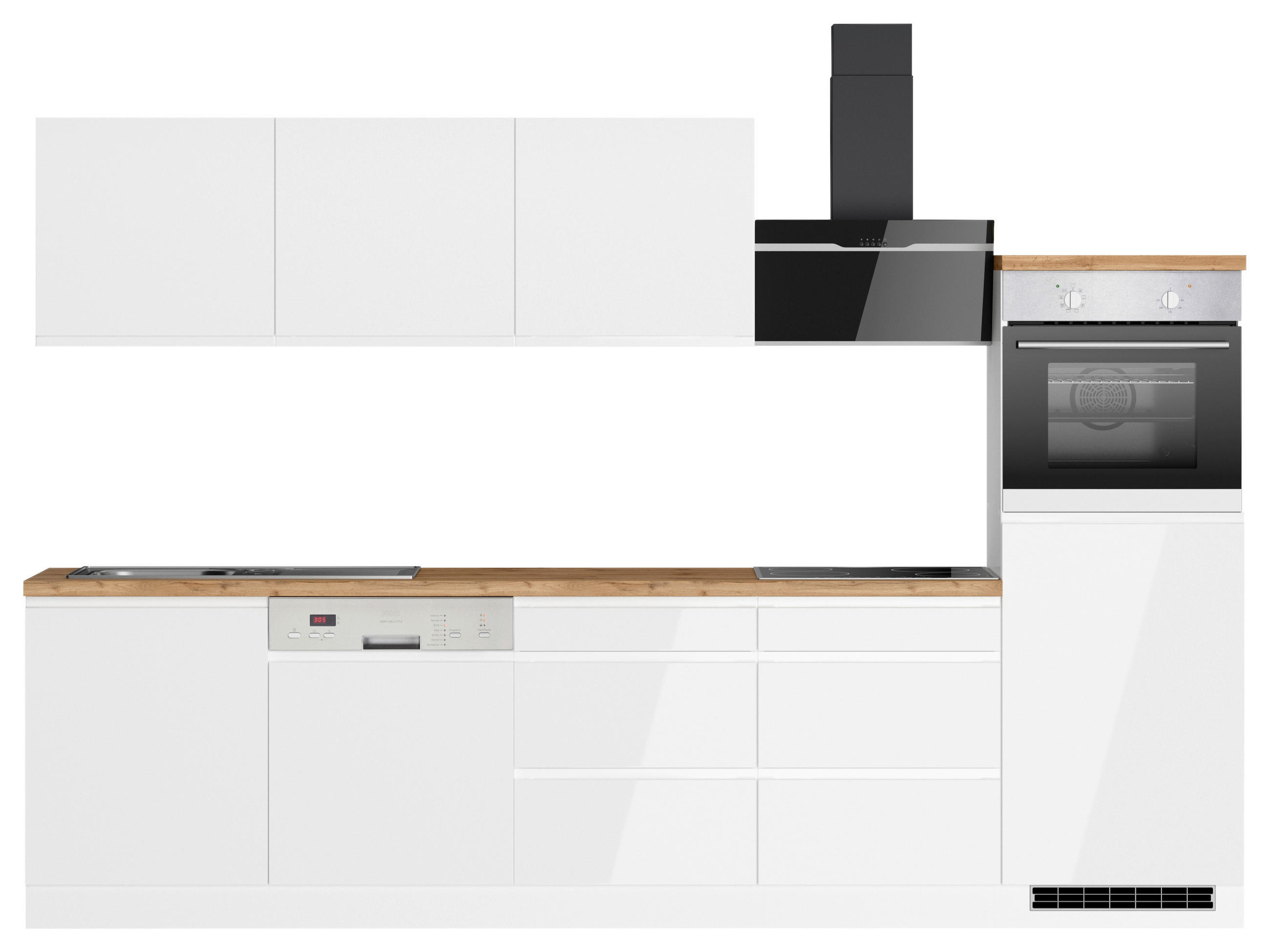 KÜCHENBLOCK 300 cm   in Weiß, Eiche Wotan, Weiß Hochglanz  - Weiß Hochglanz/Eiche Wotan, LIFESTYLE, Holzwerkstoff (300cm) - Held