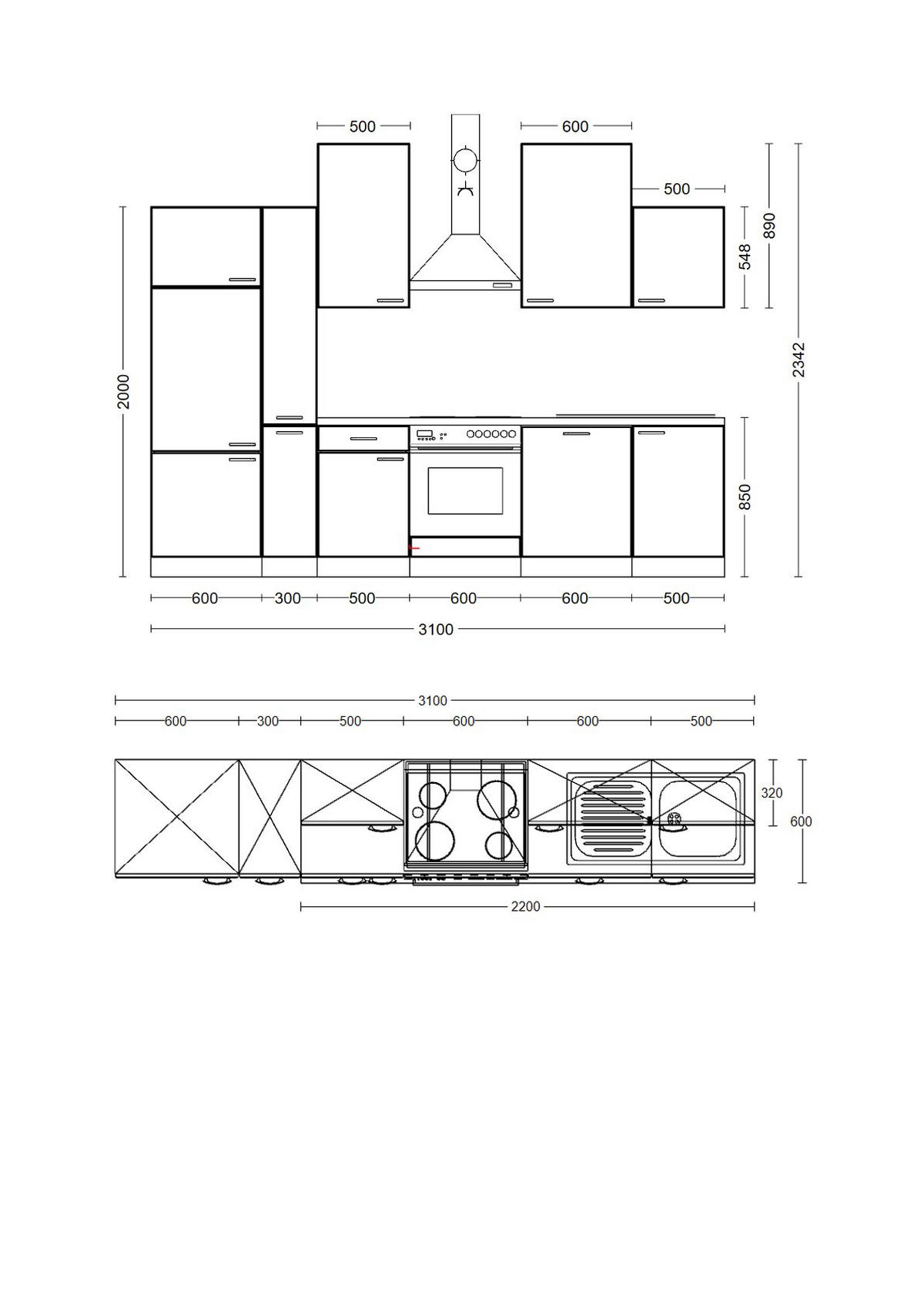 KÜCHENBLOCK 310 cm   in Buchefarben  - Edelstahlfarben/Beige, MODERN, Holzwerkstoff/Kunststoff (310cm) - FlexWell