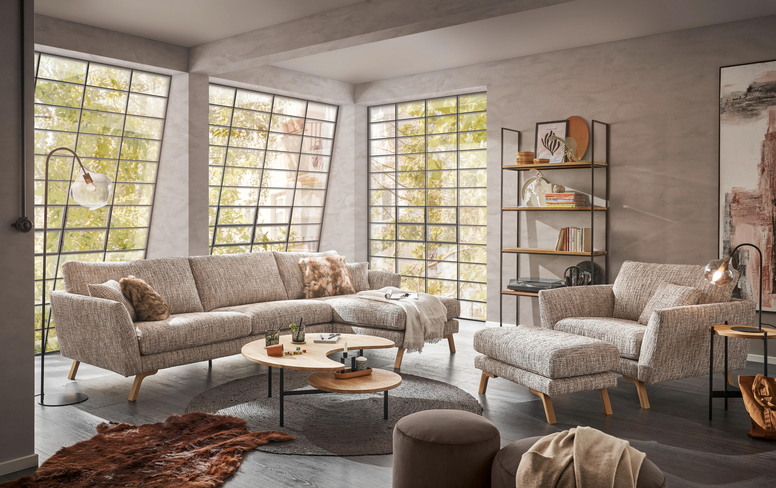 ECKSOFA Beige Webstoff  - Eichefarben/Beige, KONVENTIONELL, Holz/Textil (293/160cm) - SetOne by Musterring