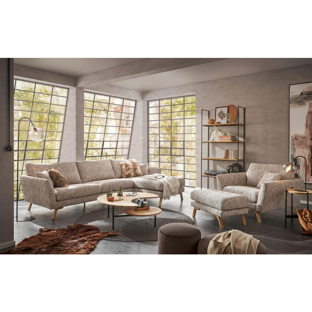Thumbnail - SetOne by Musterring Ecksofa, Beige, Textil, Eiche, massiv, 3-Sitzer, Füllung: Kaltschaum, Silikon,Silikon, Ottomane rec...