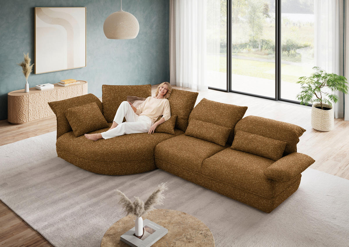 ECKSOFA  in Chenille Cognac Rücken echt, Armteilverstellung, Kopfteilverstellung  154/343 cm  - Cognac/Schwarz, Design, Kunststoff/Textil (154/343cm) - Koinor