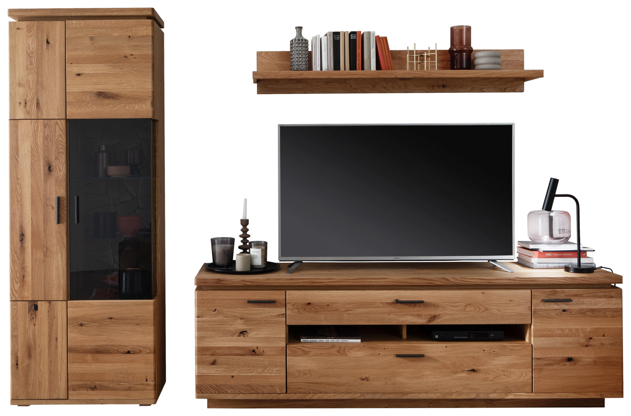 WOHNWAND 3-teilig  Eichefarben 300/204/50 cm  LED-Leuchtmittel   - Eichefarben/Schwarz, Natur, Glas/Holz (300/204/50cm) - Linea Natura
