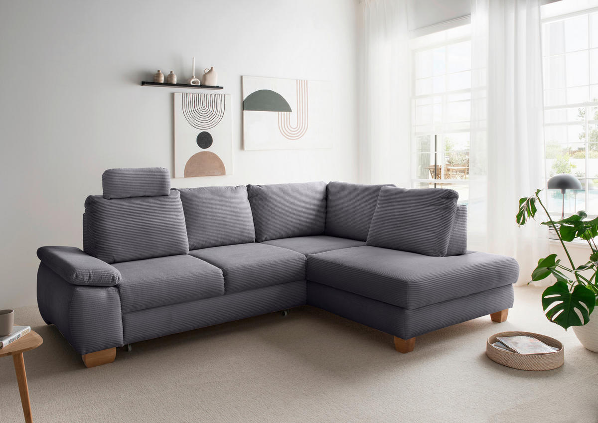 ECKSCHLAFSOFA  mit Liegefunktion, Rücken echt, Armteil links Cord Grau  - Wildeiche/Grau, MODERN, Holz/Textil (261/206cm) - Livetastic