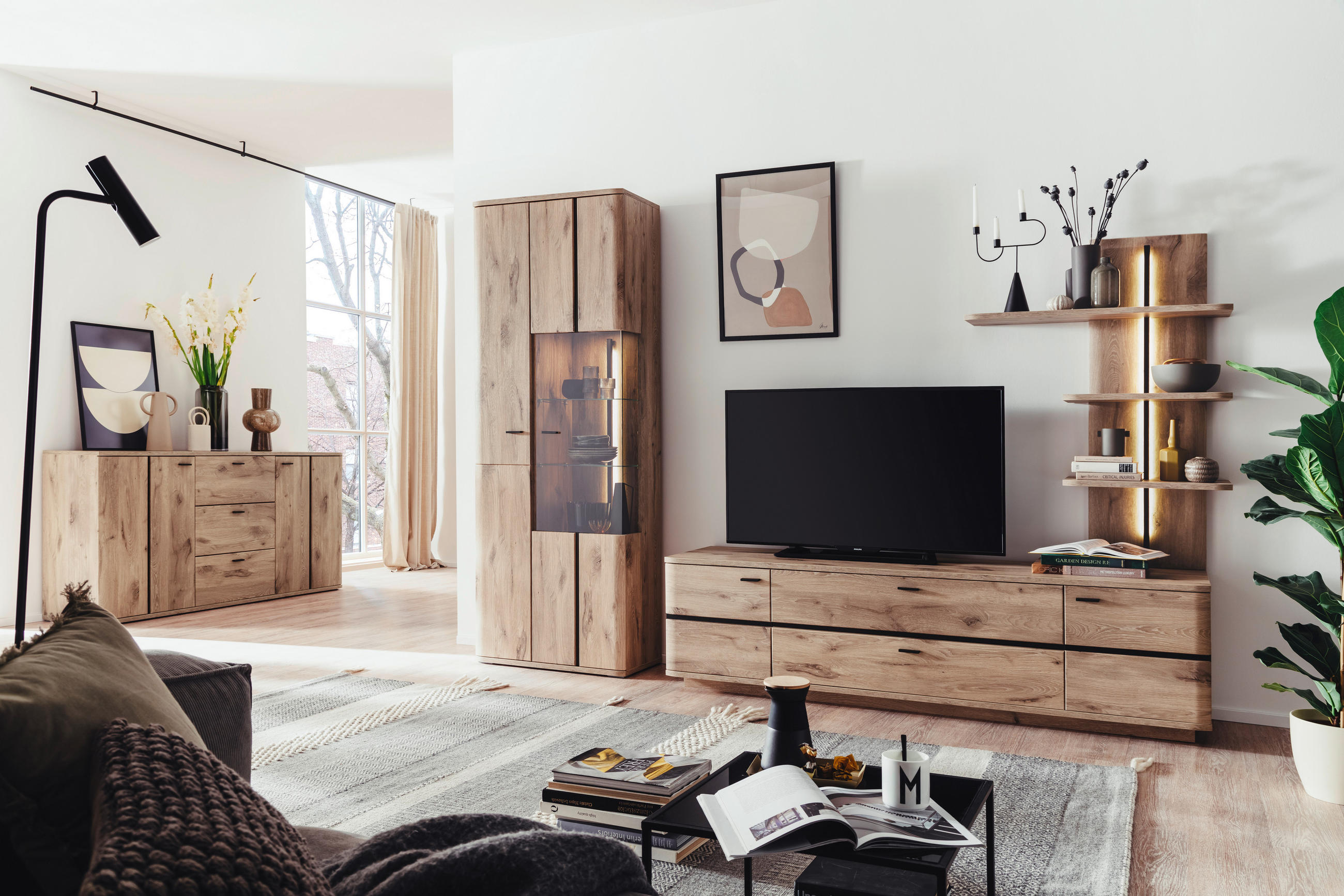 WOHNWAND  in Anthrazit, Eichefarben 285/208/50 cm  - Eichefarben/Anthrazit, Konventionell, Glas/Holzwerkstoff (285/208/50cm) - Cantus
