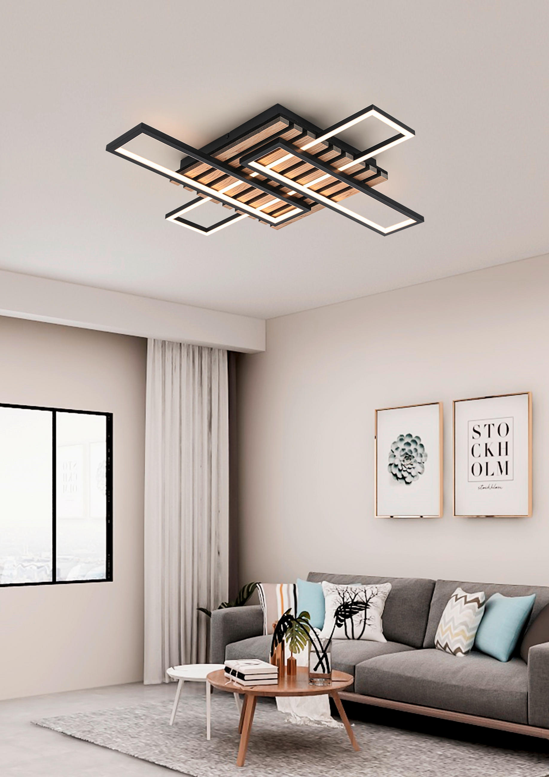 LED-DECKENLEUCHTE Long Beach 73,5/66,5/7,5 cm   - Eichefarben/Schwarz, Natur, Holzwerkstoff/Kunststoff (73,5/66,5/7,5cm) - Novel
