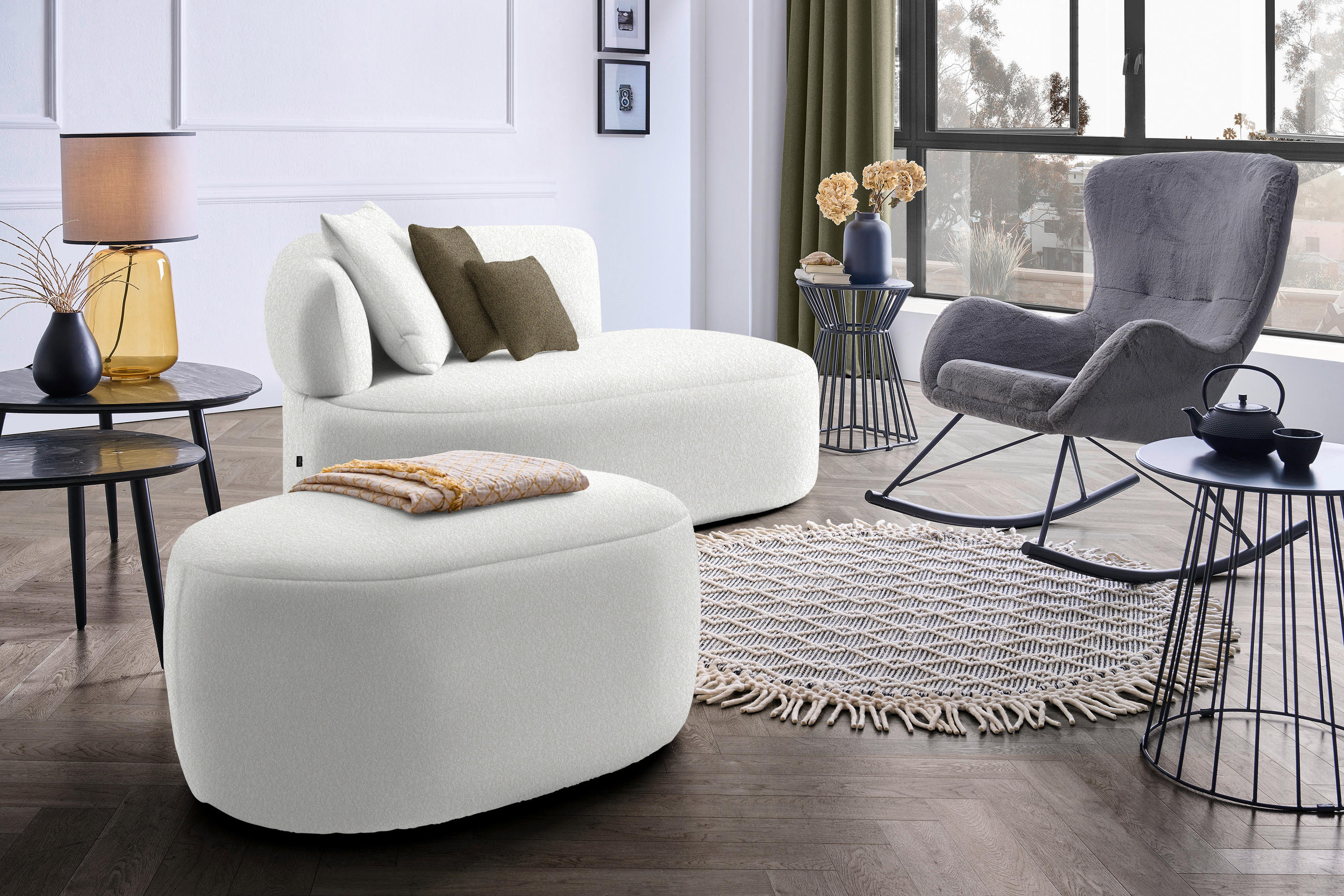 RÉCAMIERE in Bouclé Sandfarben, Olivgrün  - Sandfarben/Schwarz, MODERN, Kunststoff/Textil (166/86/105cm) - Hom`in