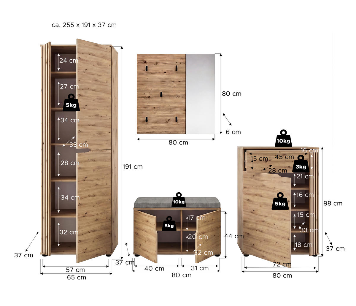 GARDEROBE 4-teilig  in 255/191/37 cm  - Eiche Artisan, Design, Holzwerkstoff (255/191/37cm) - MID.YOU