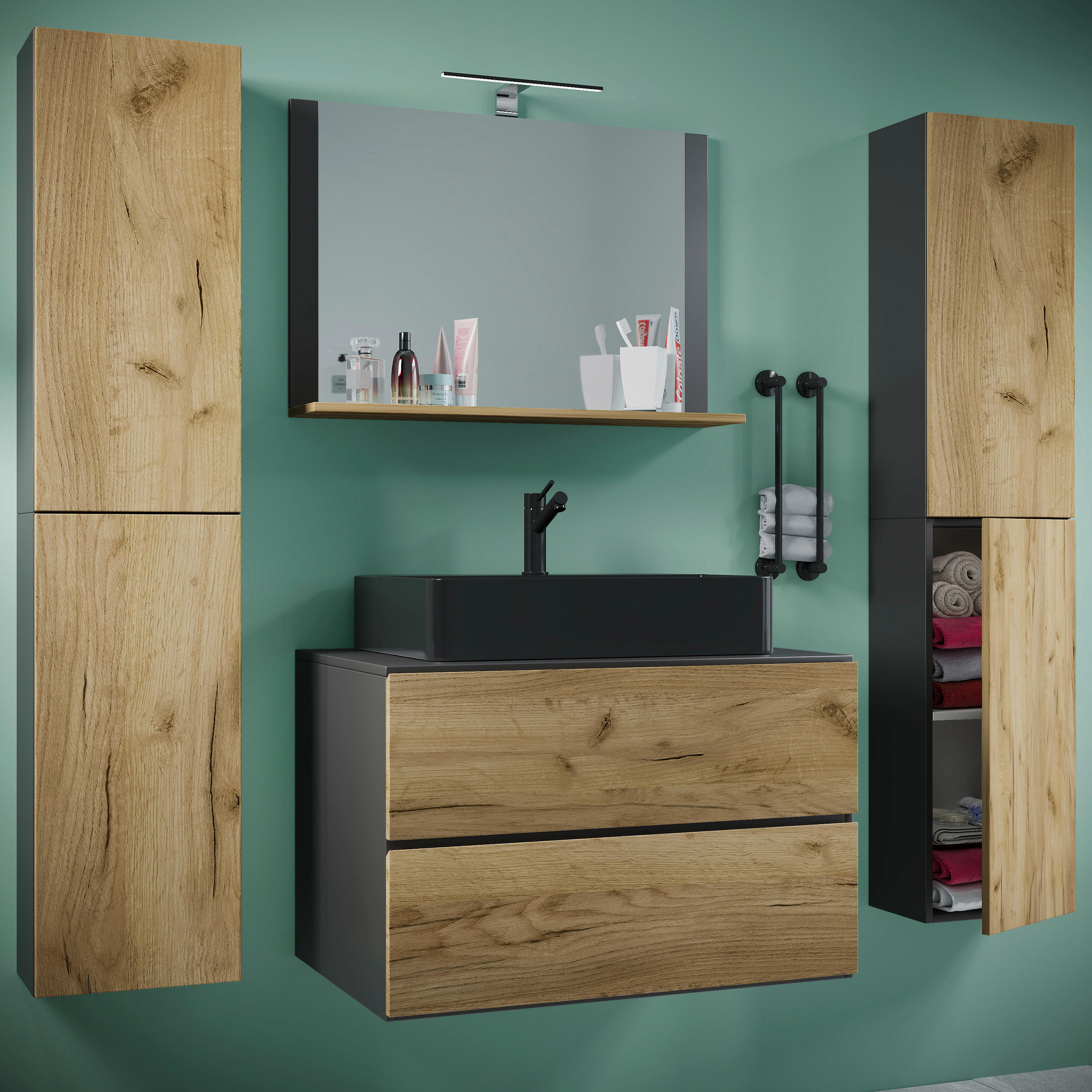 BADEZIMMER 5-teilig  in 147 cm  - Honigeiche/Anthrazit, MODERN, Glas/Keramik (147cm) - MID.YOU