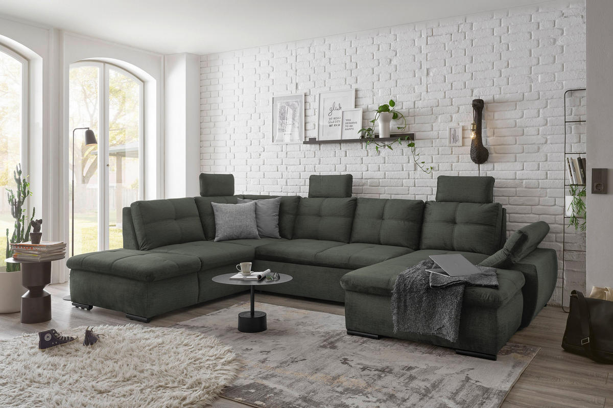 WOHNLANDSCHAFT Dunkelgrün Mikrovelours  - Dunkelgrün/Schwarz, KONVENTIONELL, Kunststoff/Textil (217/334/127cm) - Carryhome