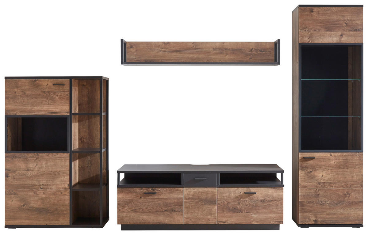 WOHNWAND  in Grau, Eichefarben  319,5/206,2/50 cm  - Eichefarben/Schwarz, KONVENTIONELL, Glas/Holzwerkstoff (319,5/206,2/50cm) - Cantus