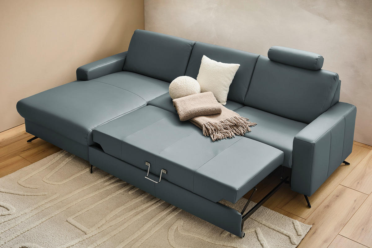 ECKSOFA in Echtleder Blaugrau  165/267 cm  - Blaugrau/Schwarz, Design, Leder/Metall (165/267cm) - Lomoco