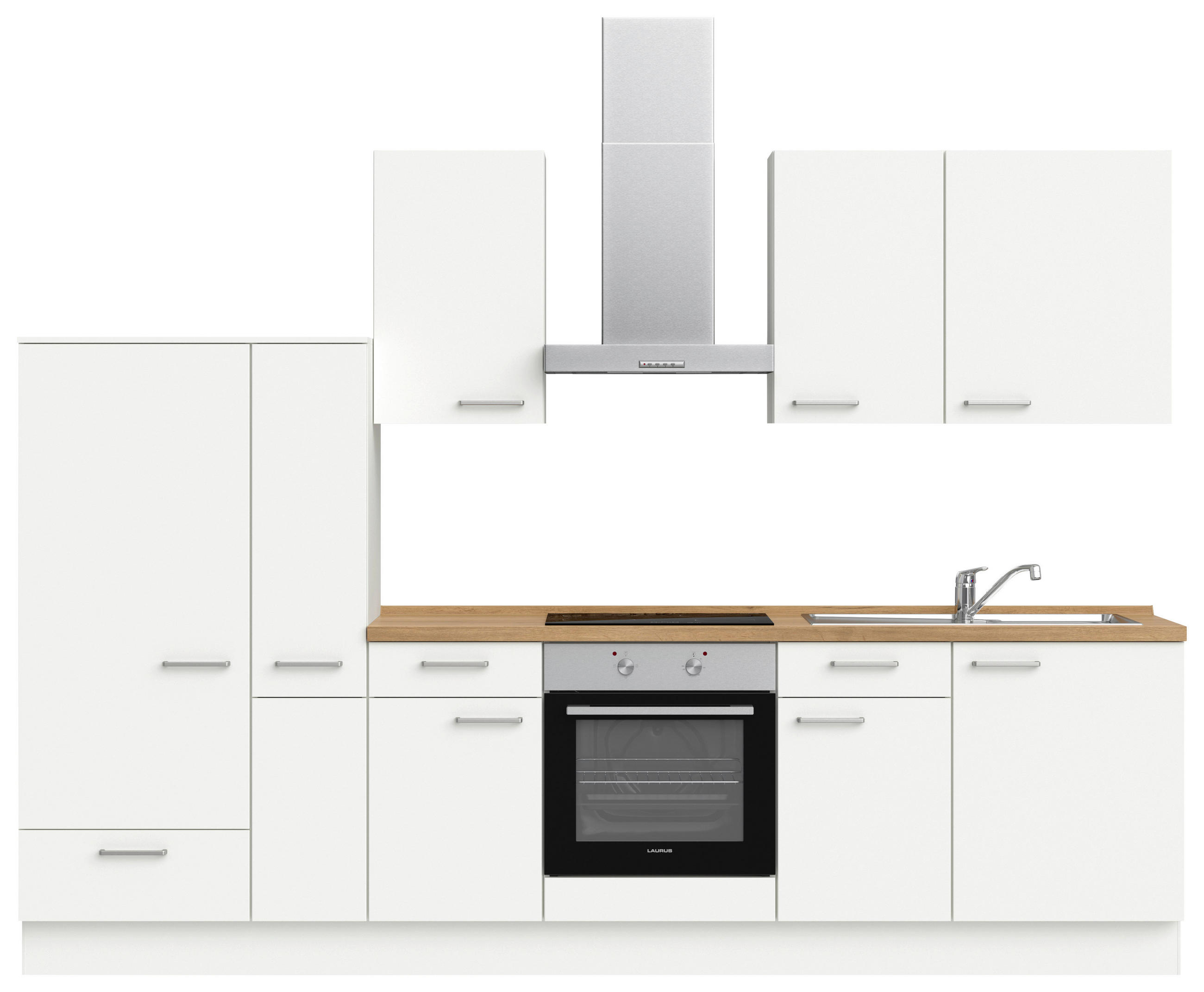 KÜCHENLEERBLOCK 300 cm   in Weiß, Eichefarben  - Edelstahlfarben/Eichefarben, MODERN, Holzwerkstoff/Metall (300cm) - Nobilia