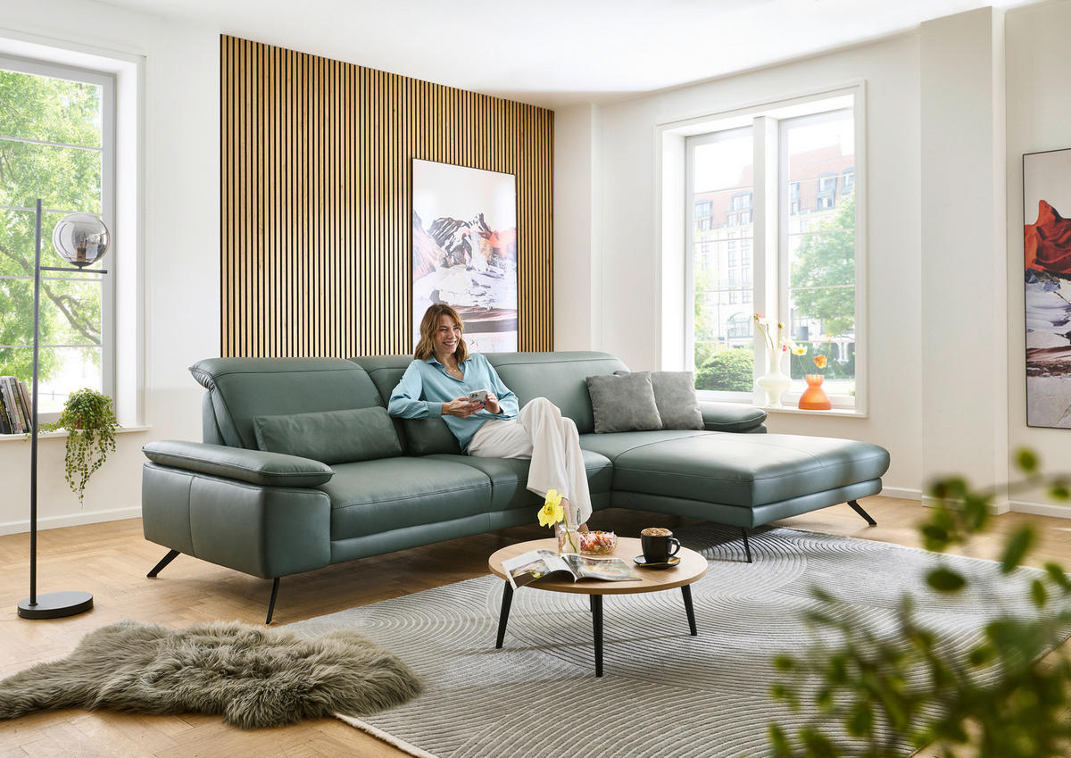 ECKSOFA Dieter Knoll Opal Echtleder  - Opal/Schwarz, Design, Leder/Metall (332/193cm) - Dieter Knoll