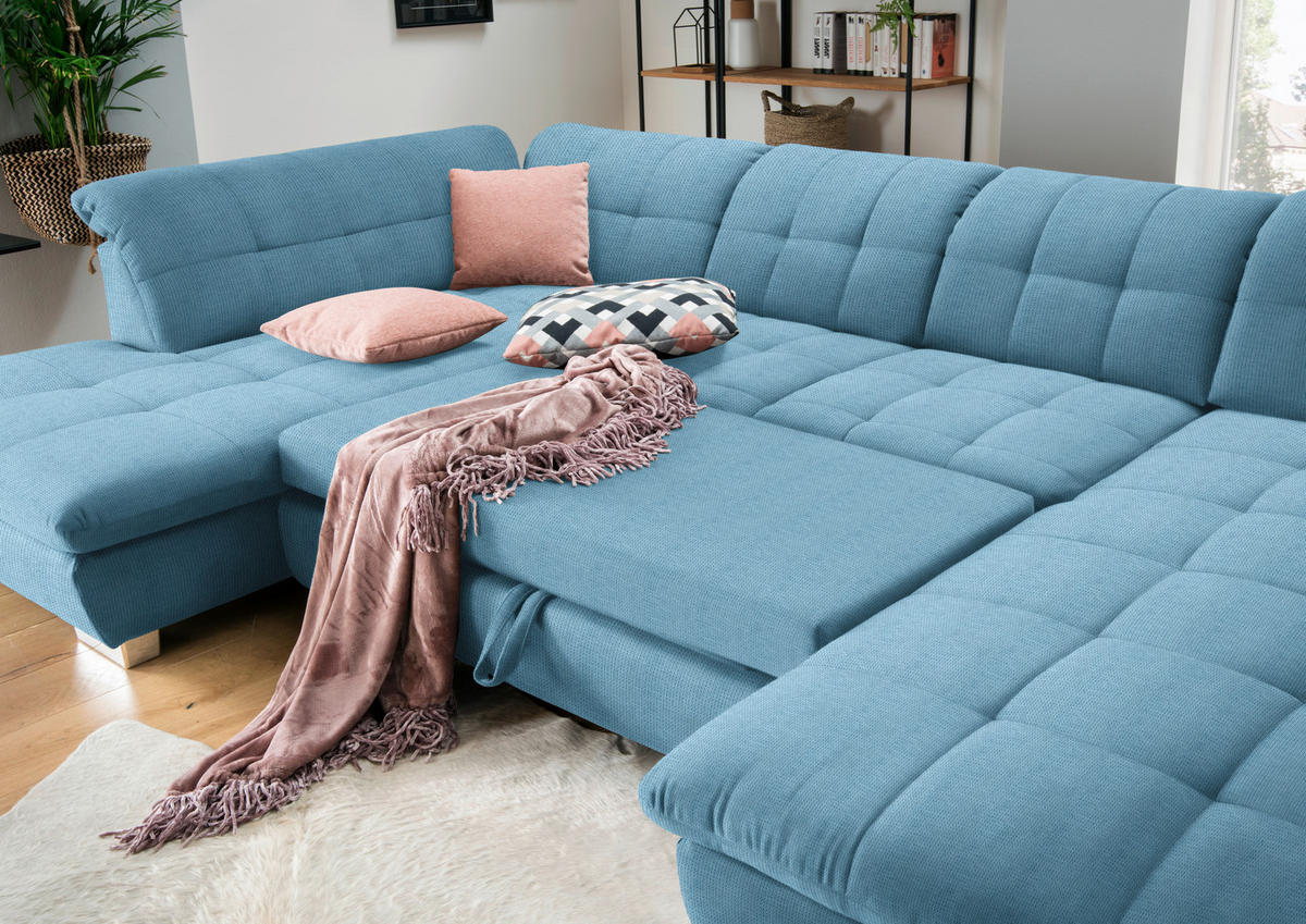 WOHNLANDSCHAFT in Mikrofaser Pastellblau  - Chromfarben/Pastellblau, Design, Kunststoff/Textil (211/350/204cm) - Xora