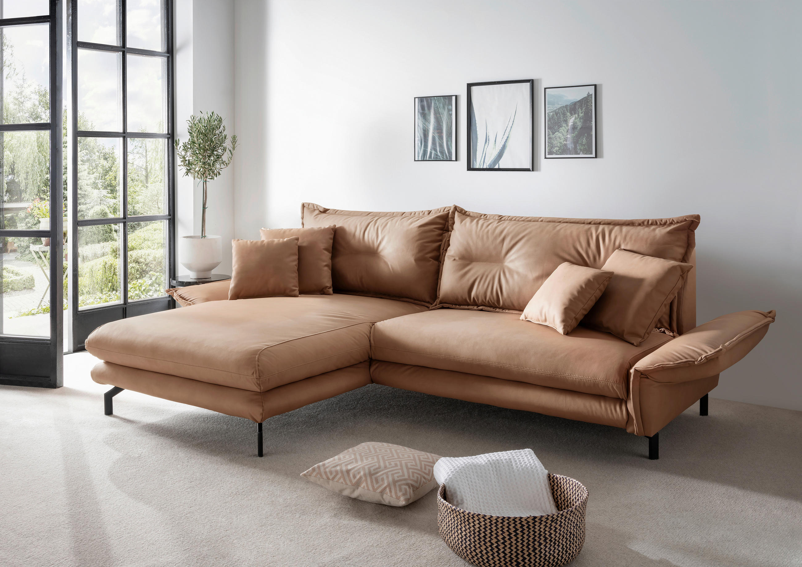 ECKSOFA in Lederlook Taupe  - Taupe/Schwarz, Modern, Textil/Metall (180/255cm) - Livetastic