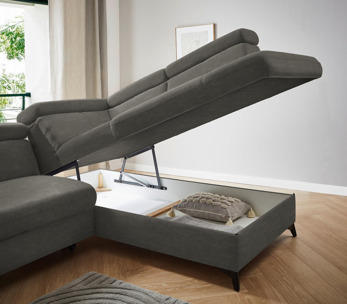ECKSOFA in Mikrofaser Graubraun  - Graubraun/Schwarz, Design, Textil/Metall (260/203cm) - Stylife