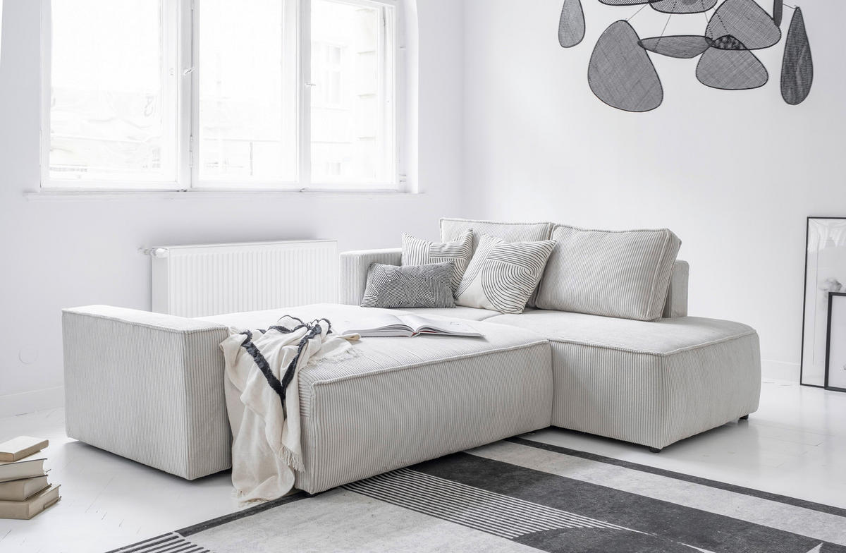 ECKSOFA Beige Cord Bettkasten, Rückenkissen  - Beige/Schwarz, Design, Kunststoff/Textil (247/194cm) - MID.YOU
