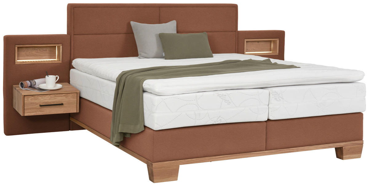 BOXSPRINGBETT 180/200 cm,  in Orange, Eichefarben, Matratze, Topper, unterschiedliche Matratzenhärtegrade je Bettseite, H3 + H4 = fest + sehr fest  - Eichefarben/Orange, Natur, Holz/Textil (180/200cm) - Valnatura