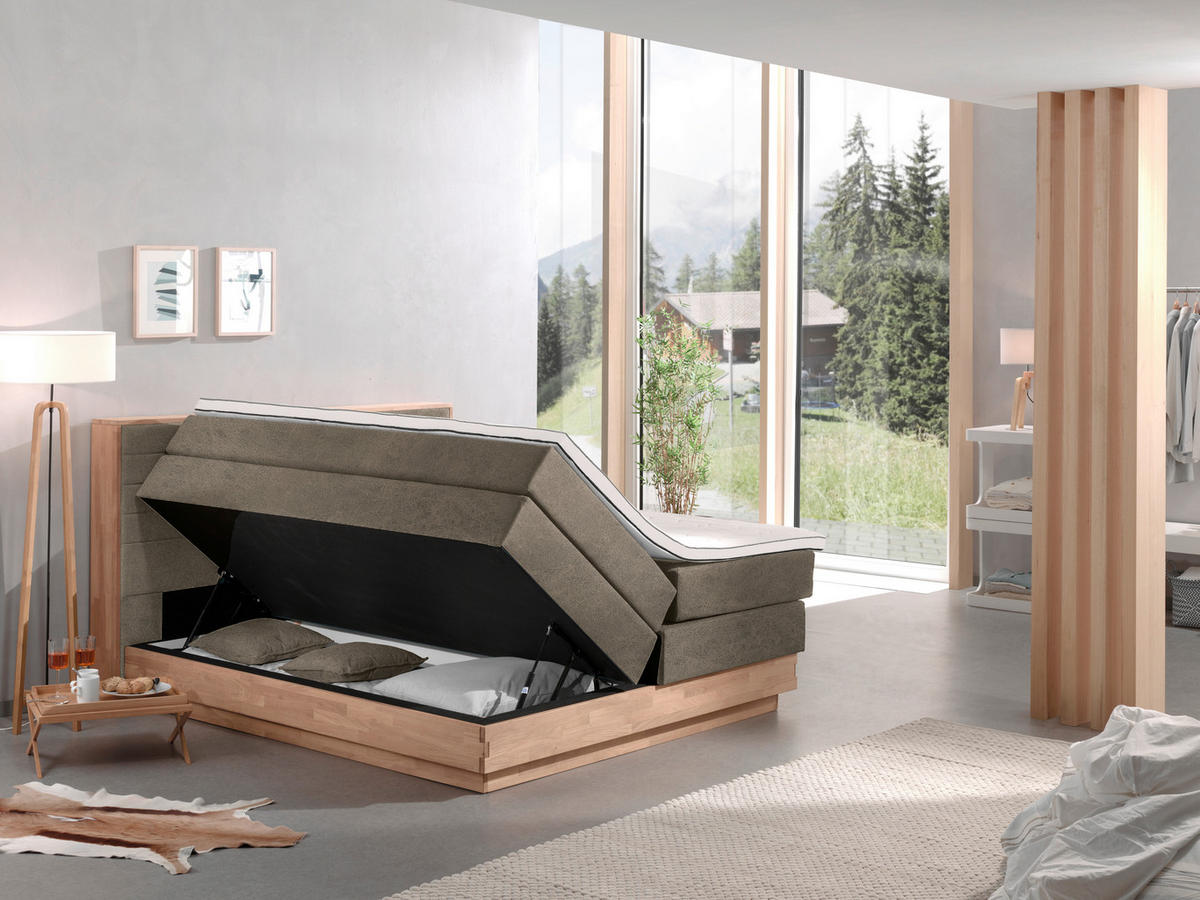 BOXSPRINGBETT 160/200 cm,  in Taupe, Eichefarben, Matratze, gepolstertes Kopfteil, Bettkasten, Topper, H2 + H2 = mittel  - Taupe/Eichefarben, MODERN, Holz/Kunststoff (160/200cm) - MID.YOU