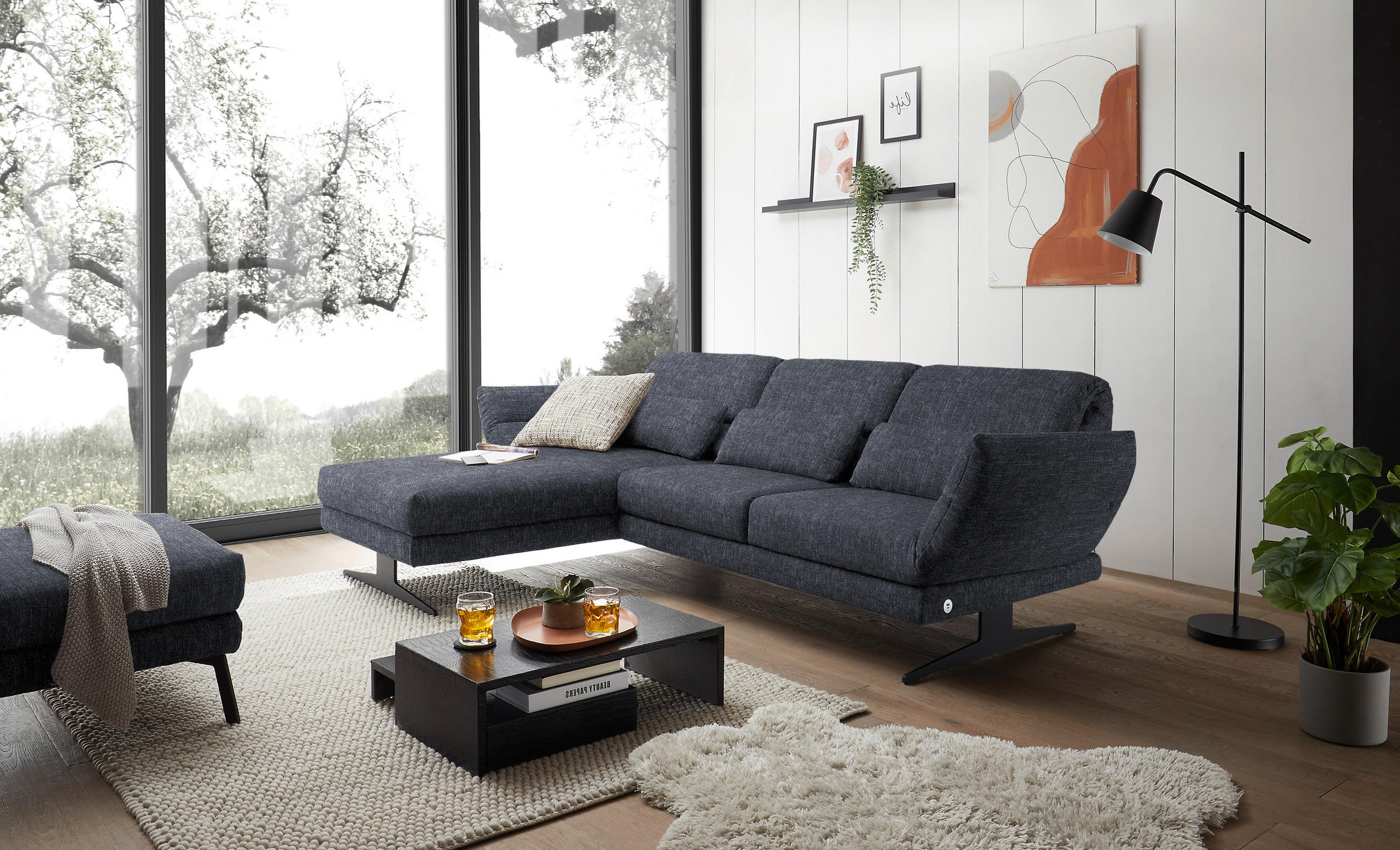 ECKSOFA in Flachgewebe Grau  - Schwarz/Grau, Design, Textil/Metall (176-217/279-327cm) - Dieter Knoll