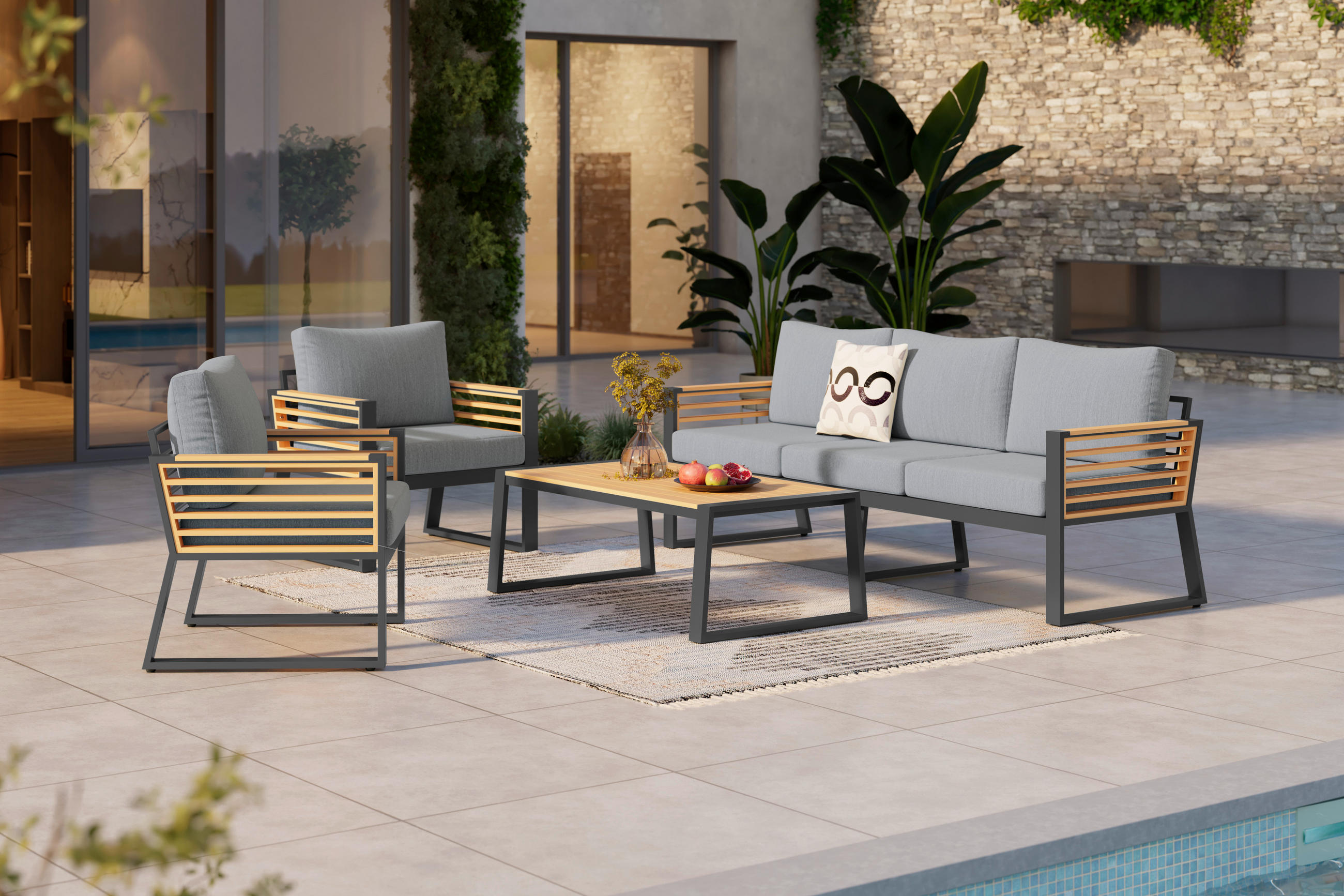 TERASOVÁ SEDACÍ SOUPRAVA 4dílné, dřevo, kov, textil - barvy teak/černá, Moderní, kov/dřevo (207/76/85cm) - Ambia Garden