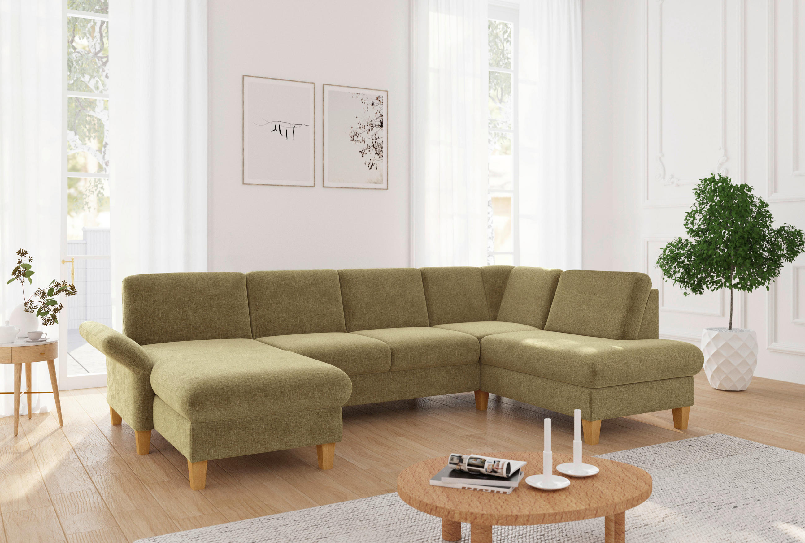 WOHNLANDSCHAFT Olivgrün Flachgewebe  - Eichefarben/Olivgrün, KONVENTIONELL, Holz/Textil (164/314/195cm) - Sit & More