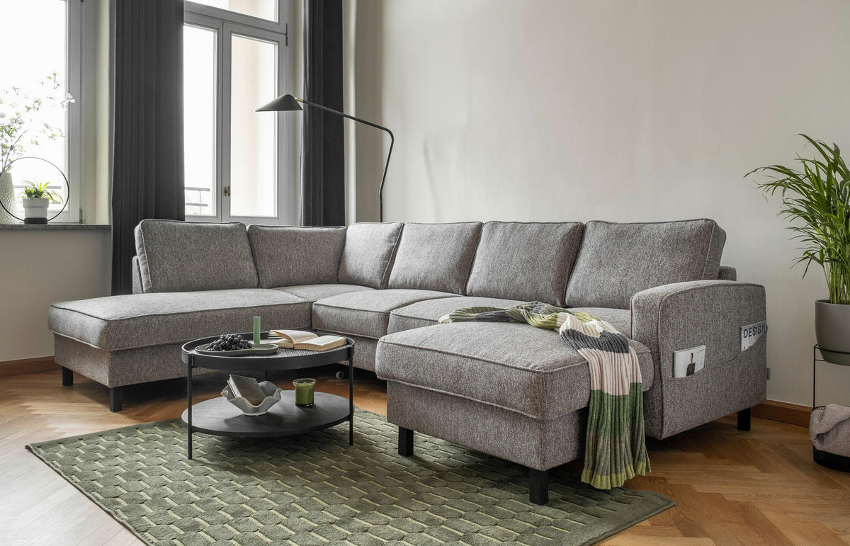 WOHNLANDSCHAFT in Struktur Grau  - Schwarz/Grau, Holz/Textil (198/298/148cm) - MID.YOU