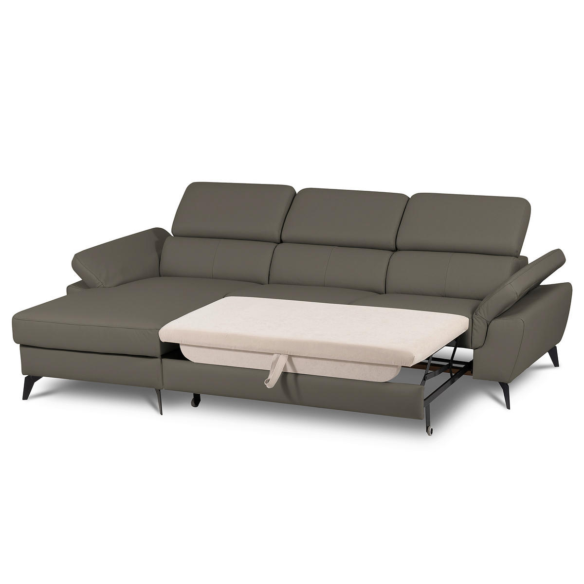 ECKSOFA Schlammfarben Echtleder Lederlook Bettkasten, Schlaffunktion, Rücken echt, Armteilverstellung, Kopfteilverstellung  - Schlammfarben/Schwarz, Design, Leder/Textil (179/252cm) - Livetastic