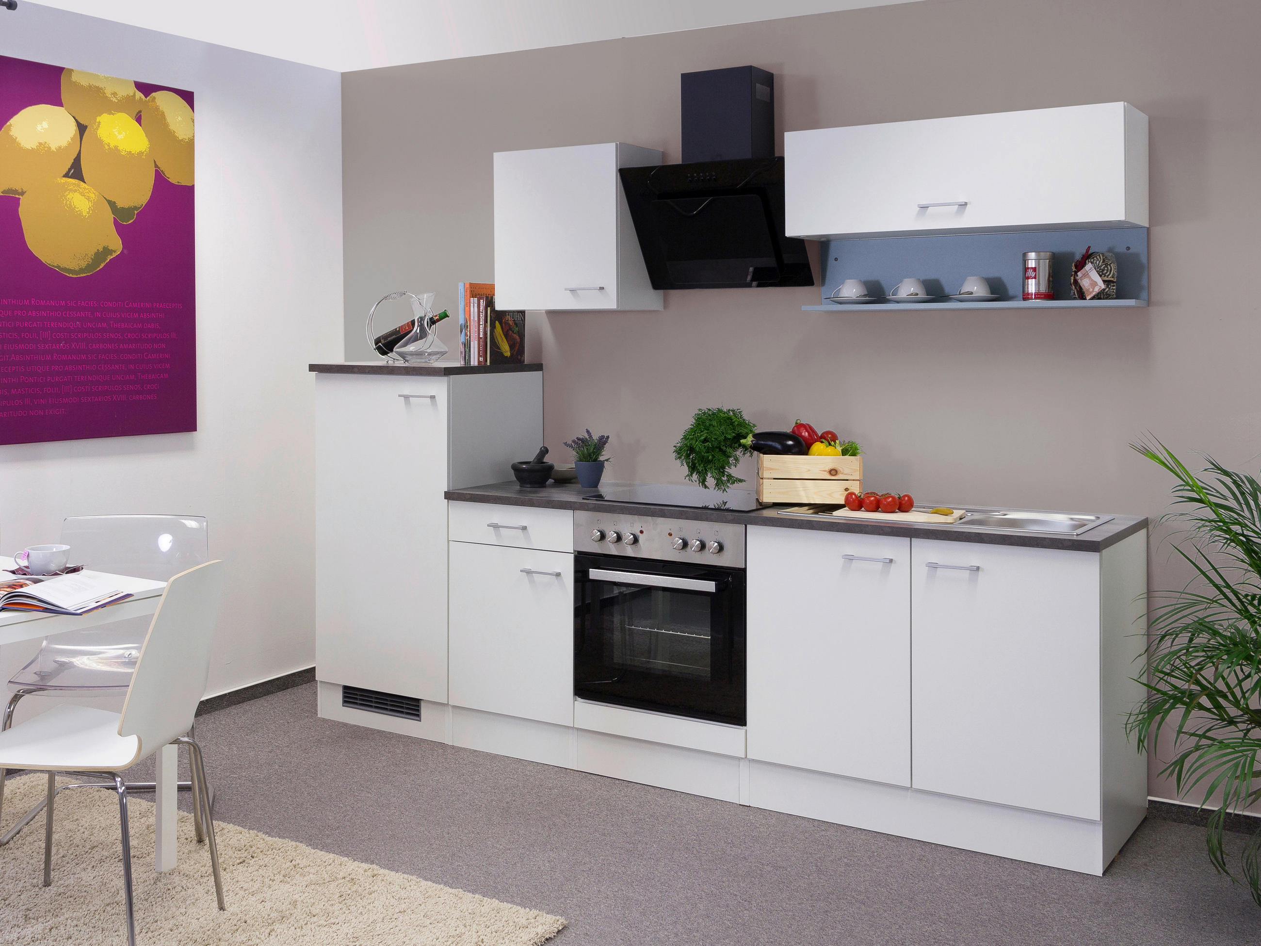 Küchenzeile Lucca mit Geräten 270 cm Weiß Dekor Modern