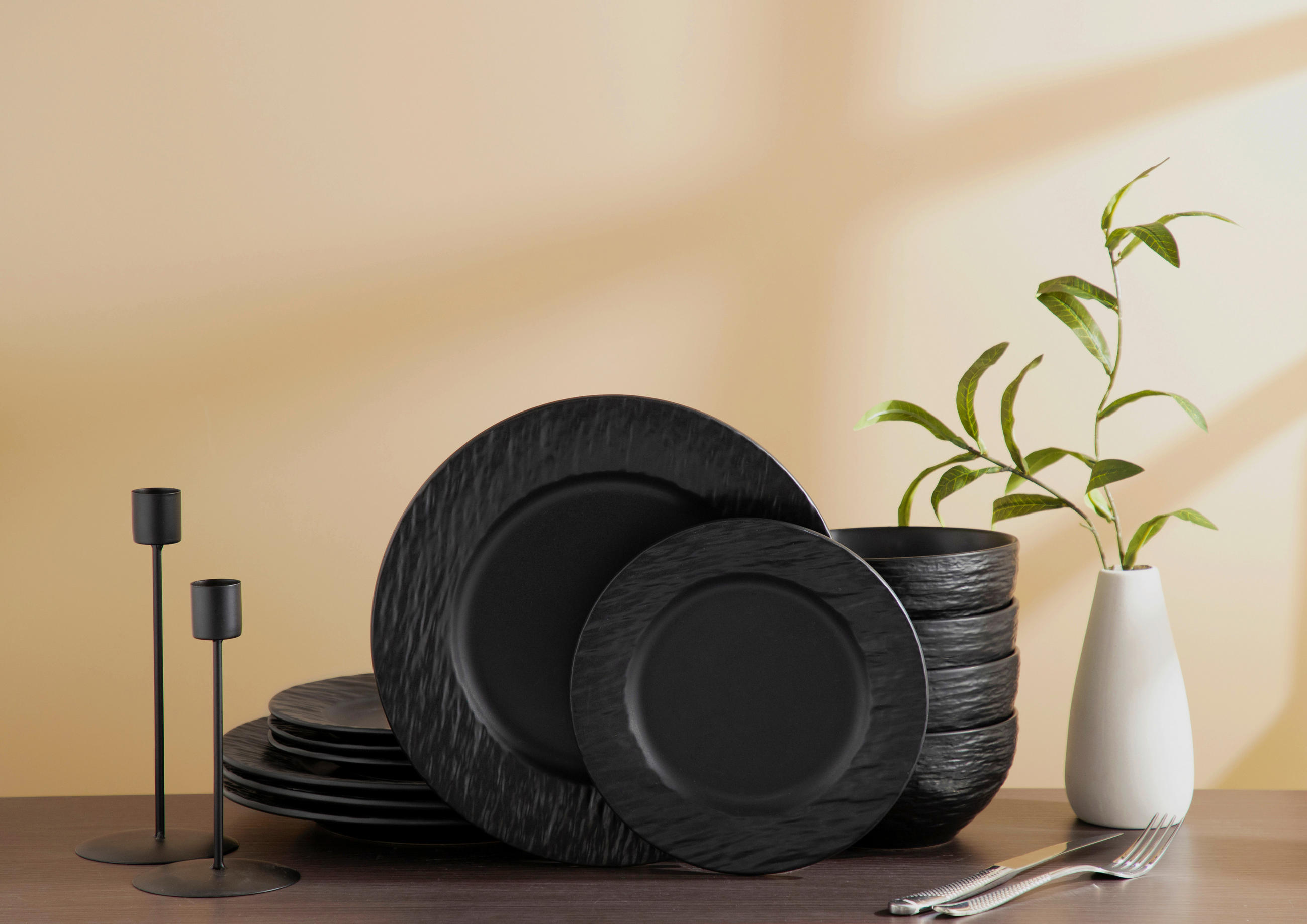 TAFELSERVICE New Modern 12-teilig  - Schwarz, Basics, Keramik (6,44kg) - Echtwerk