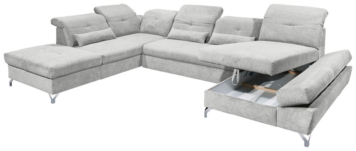 WOHNLANDSCHAFT in Mikrovelours Hellgrau  - Silberfarben/Hellgrau, Modern, Textil/Metall (245/350/168cm) - MID.YOU