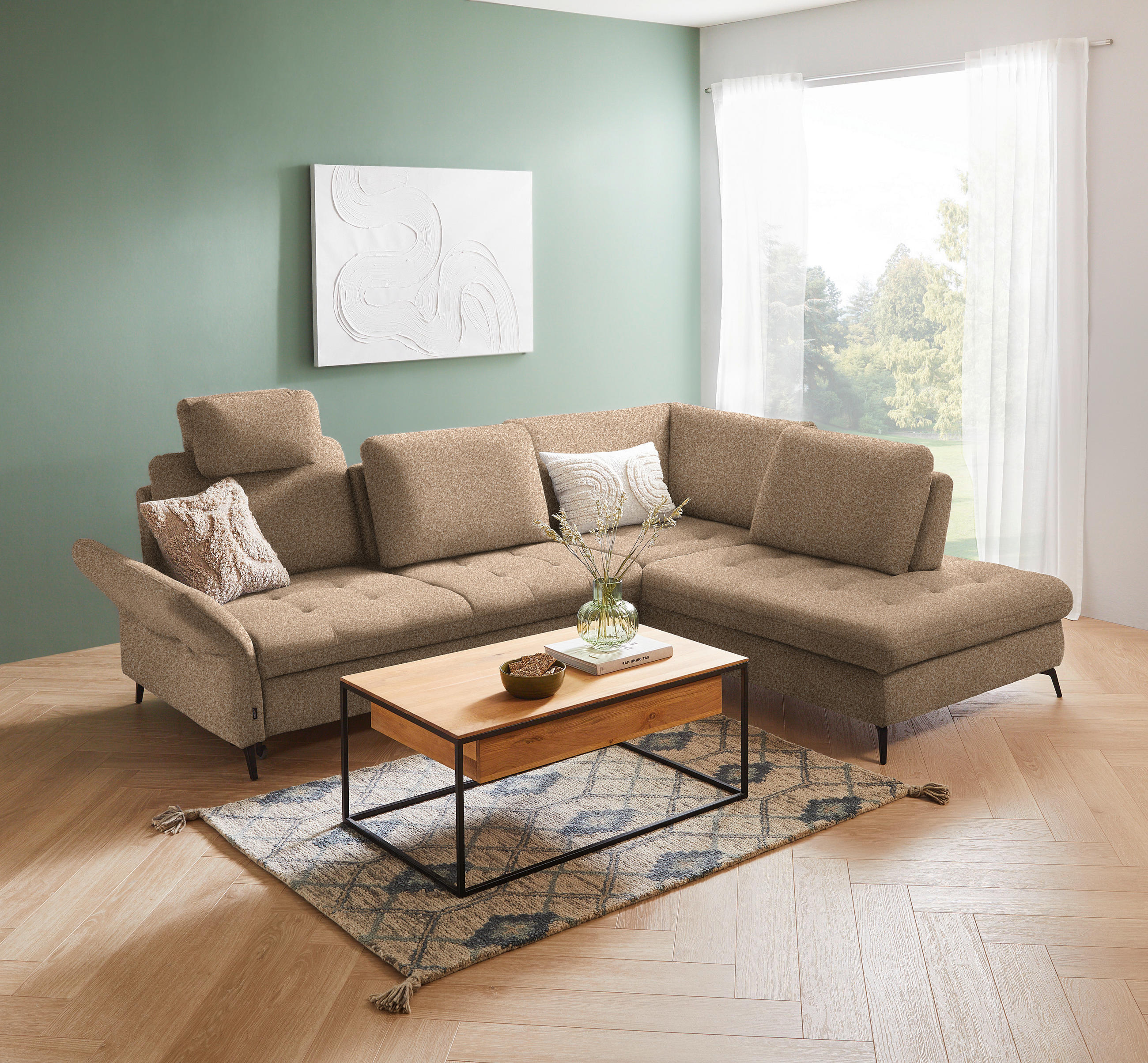ECKSOFA in Bouclé Hellbraun  - Hellbraun/Schwarz, Natur, Textil/Metall (288/233cm) - Valnatura