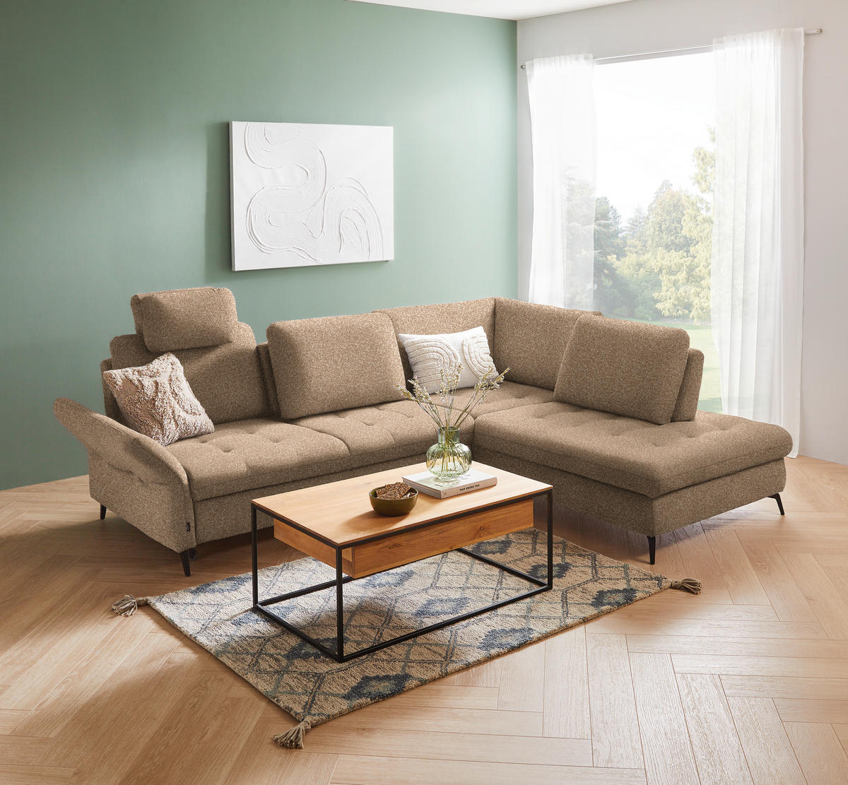 ECKSOFA in Bouclé Hellbraun  - Hellbraun/Schwarz, Natur, Textil/Metall (288/233cm) - Valnatura