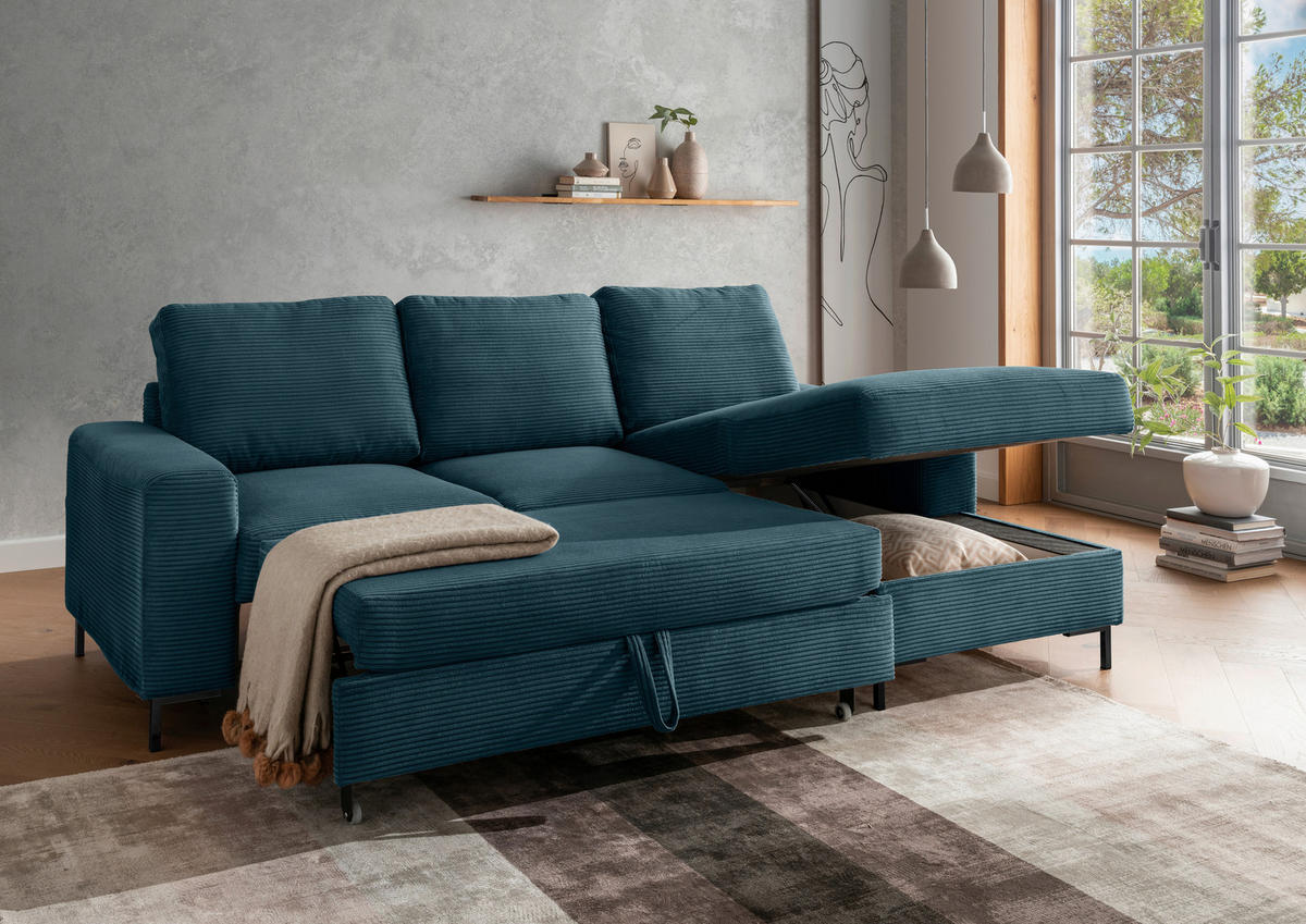 ECKSCHLAFSOFA  mit Liegefunktion, Rücken echt Cord Petrol  - Petrol/Schwarz, KONVENTIONELL, Textil/Metall (237/143cm) - Livetastic