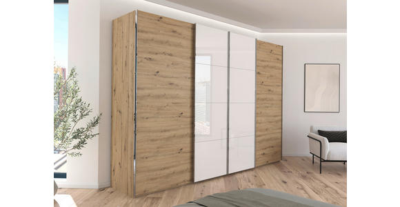 SCHWEBETÜRENSCHRANK 316/223/68 cm 4-türig Weiß, Eiche Artisan - Chromfarben/Weiß, KONVENTIONELL, Glas/Holzwerkstoff (316/223/68cm) - Novel