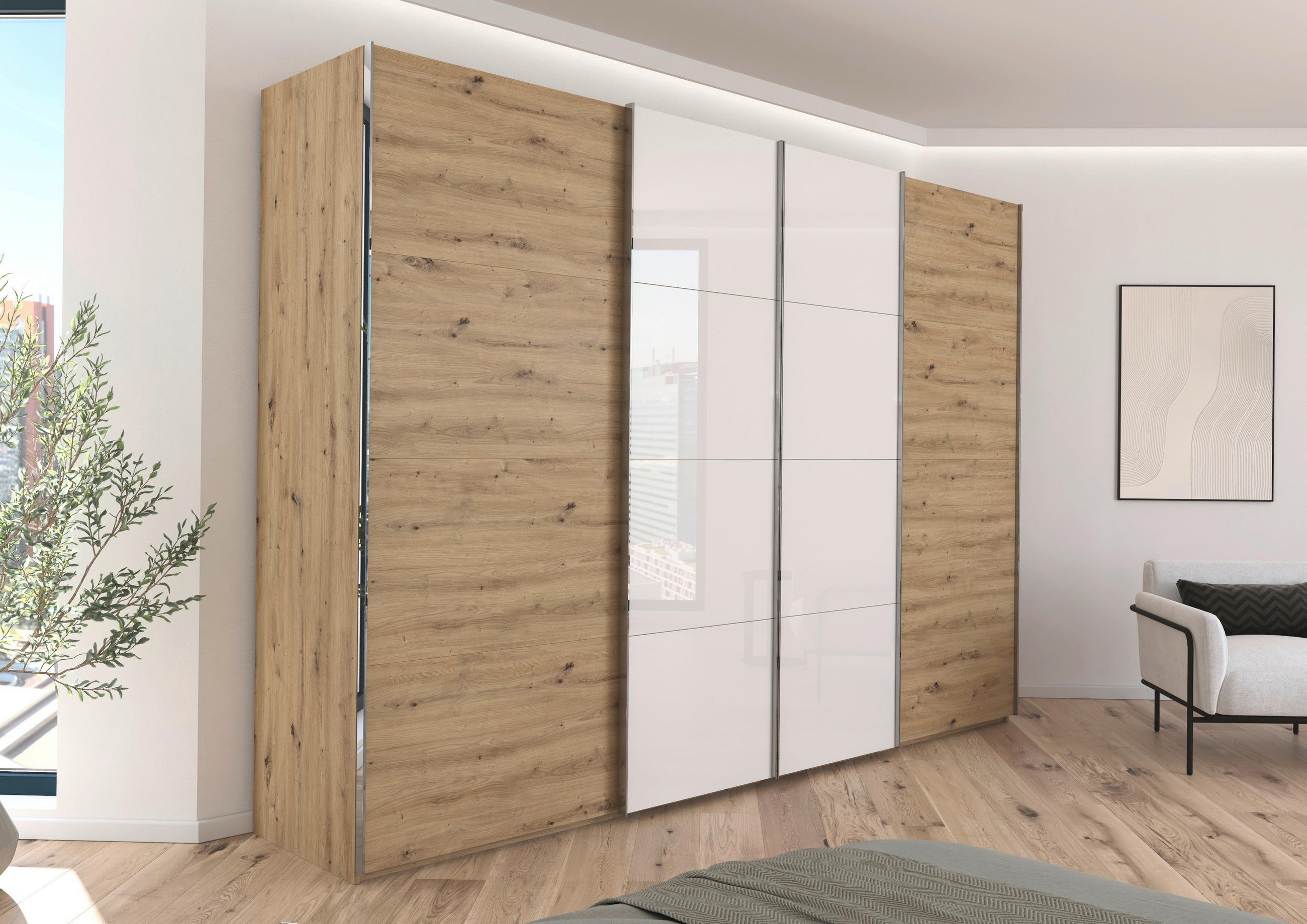 SCHWEBETÜRENSCHRANK 316/223/68 cm 4-türig Weiß, Eiche Artisan  - Chromfarben/Weiß, KONVENTIONELL, Glas/Holzwerkstoff (316/223/68cm) - Novel