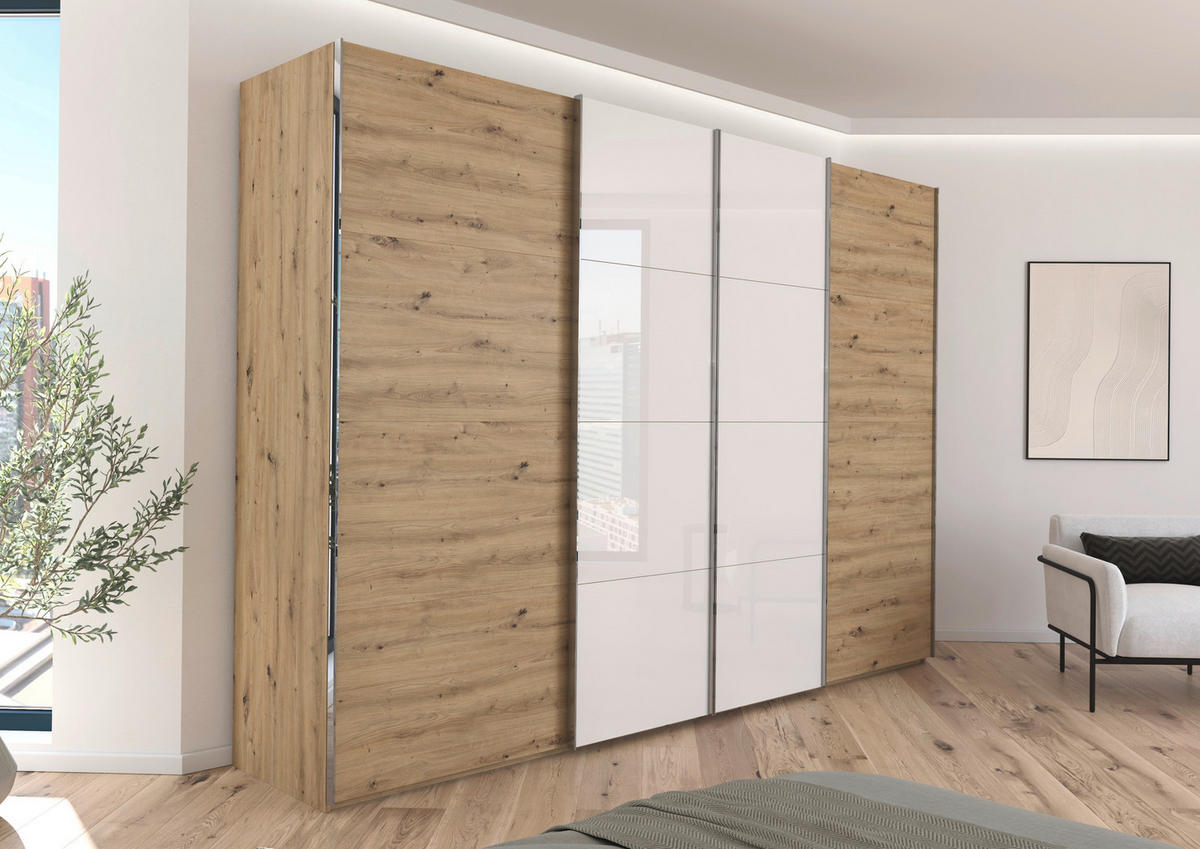 SCHWEBETÜRENSCHRANK 316/235/68 cm 4-türig Weiß, Eiche Artisan  - Chromfarben/Weiß, KONVENTIONELL, Glas/Holzwerkstoff (316/235/68cm) - Novel