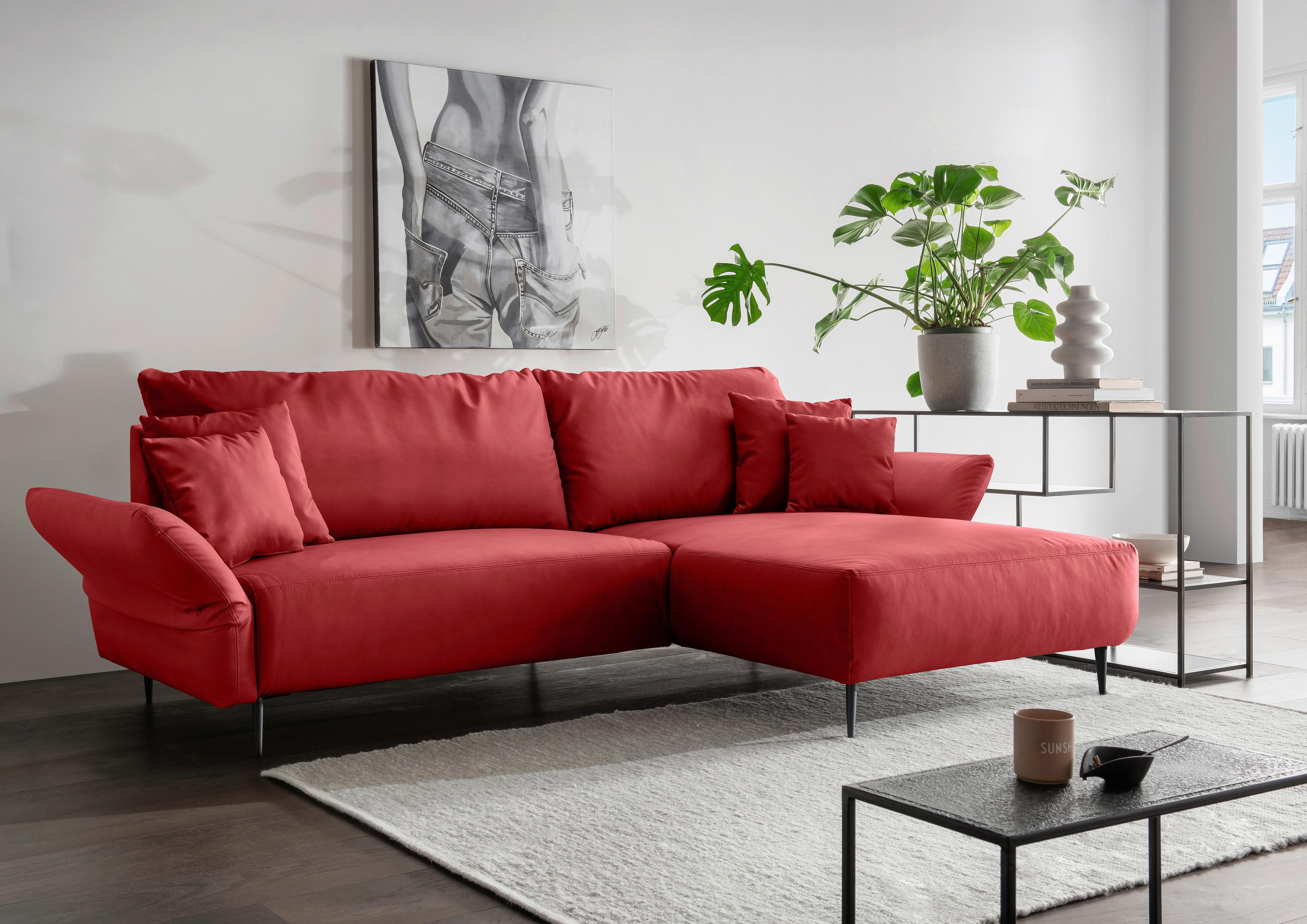 ECKSOFA Rot Lederlook  - Rot/Schwarz, Design, Textil/Metall (178/264-302cm) - Livetastic