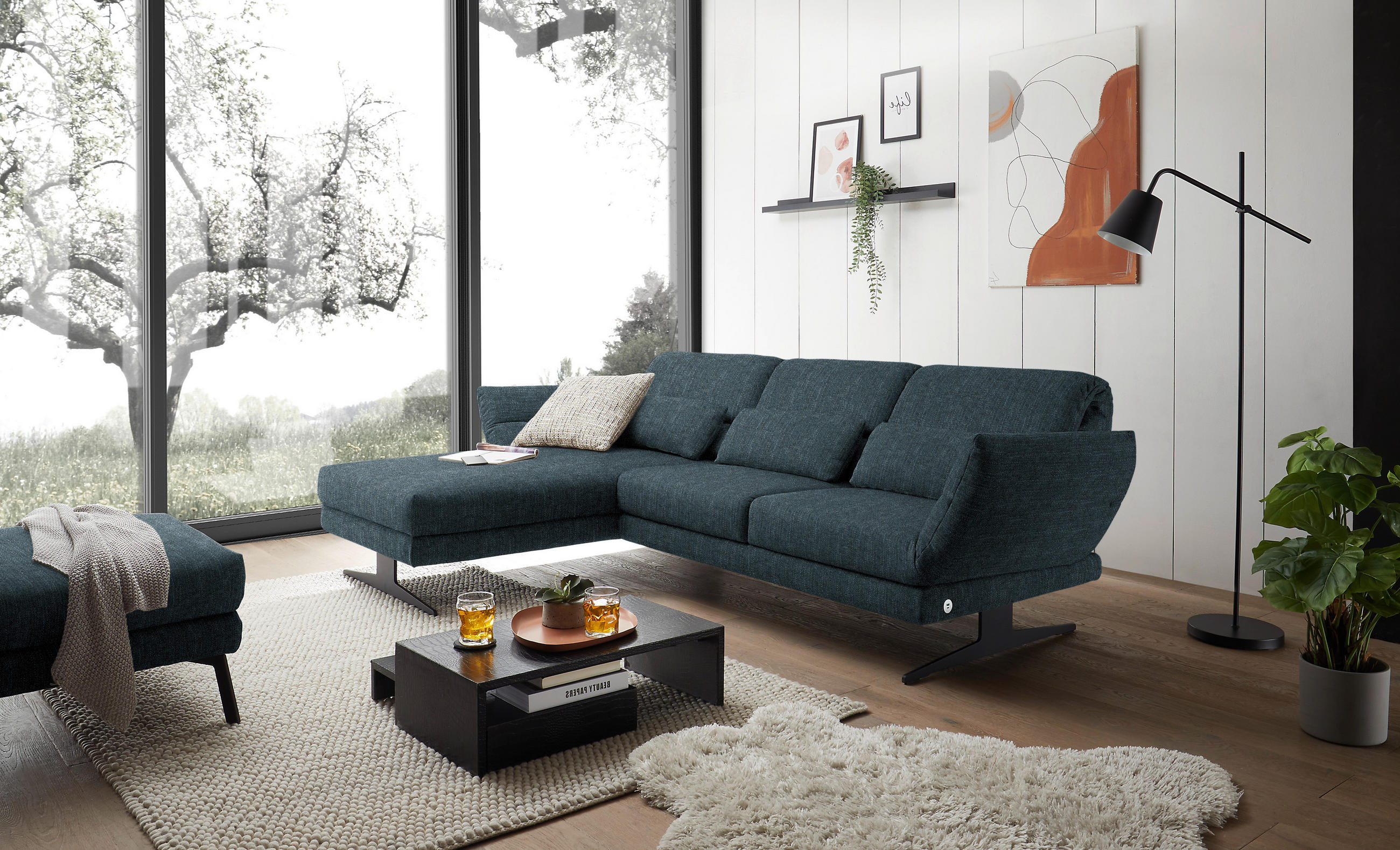 ECKSOFA in Flachgewebe Petrol  - Petrol/Schwarz, Design, Textil/Metall (176-217/279-327cm) - Dieter Knoll