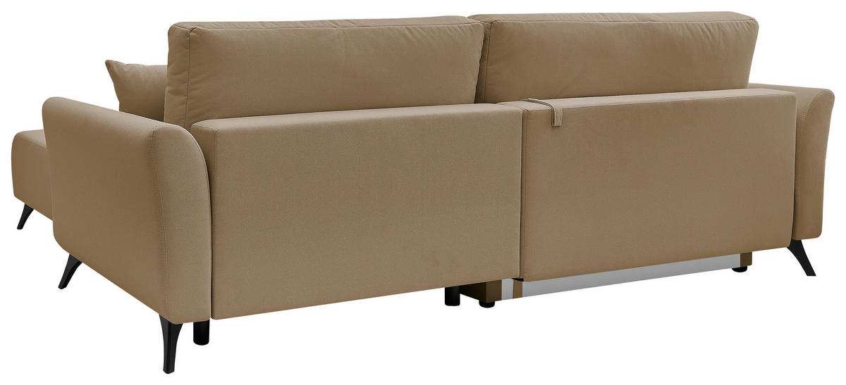 ECKSOFA GEMMA Hellbraun Flachgewebe Zierkissen, Rückenkissen, Bettkasten, Schlaffunktion, Rücken echt, Stauraum  - Hellbraun/Schwarz, Design, Textil/Metall (270cm) - P & B