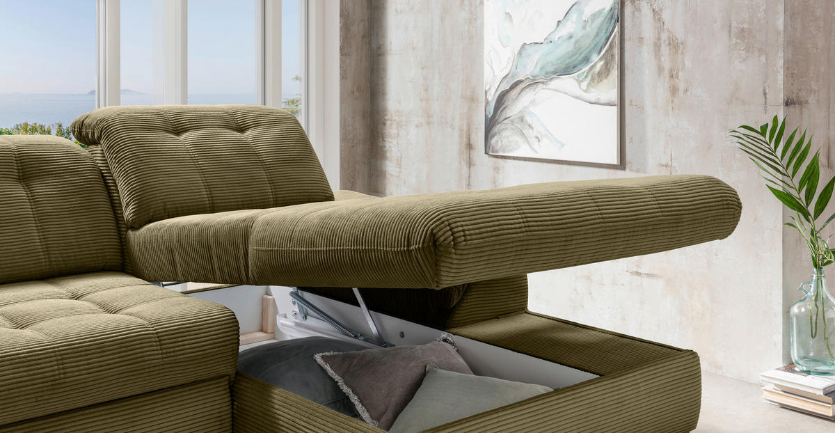 ECKSCHLAFSOFA in Cord Olivgrün  - Schwarz/Olivgrün, Modern, Textil/Metall (273/189cm) - Livetastic