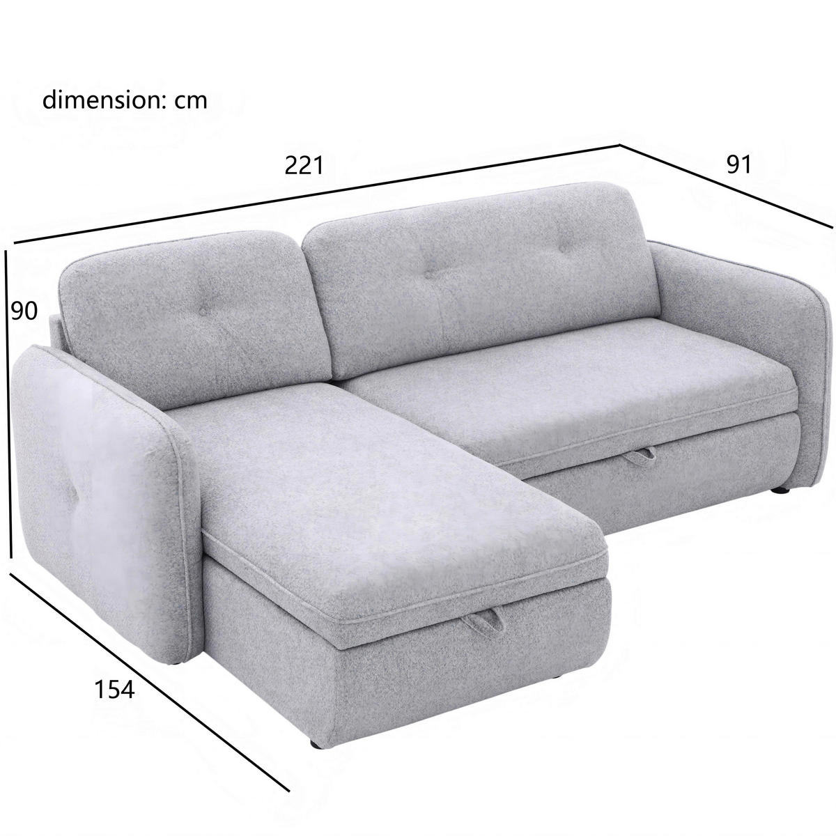 ECKSOFA Hellgrau Chenille  - Hellgrau/Schwarz, Design, Kunststoff/Textil (154/221cm) - Carryhome