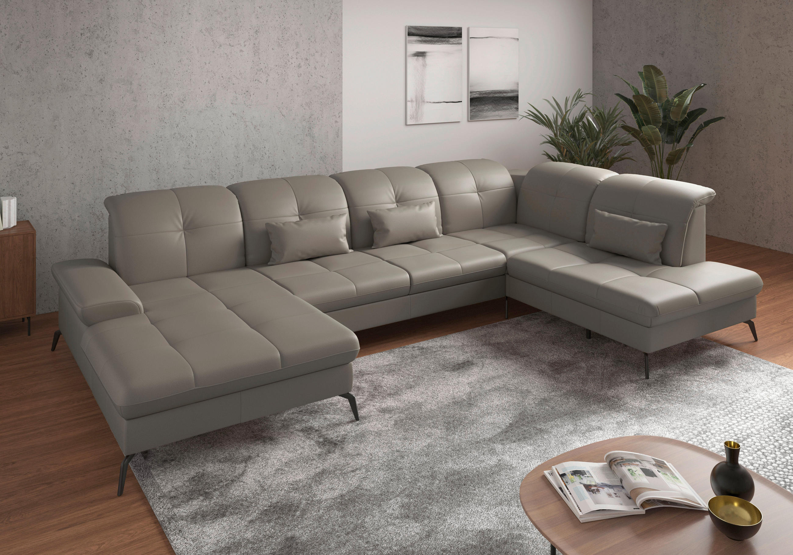 WOHNLANDSCHAFT Grau Kombination Echtleder/Stoff Vliesstoff  - Schwarz/Grau, KONVENTIONELL, Leder/Textil (185/357/231cm) - Sit & More
