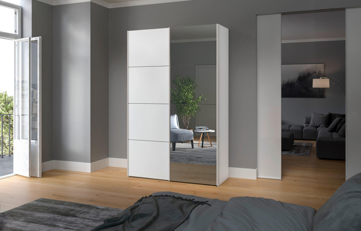 SCHWEBETÜRENSCHRANK  in Weiß  - Edelstahlfarben/Weiß, Design, Glas/Holzwerkstoff (152/236/65cm) - Carryhome