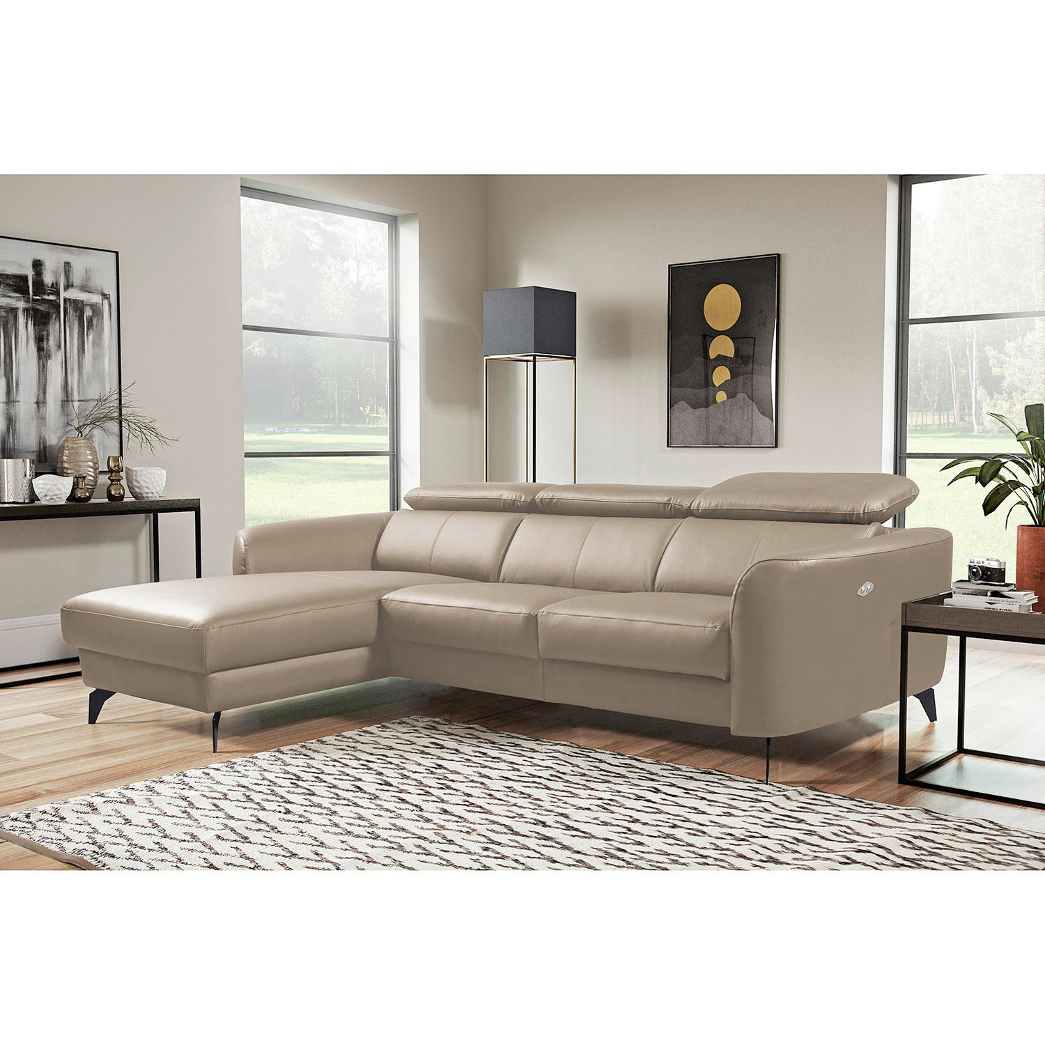 ECKSOFA Hellgrau Echtleder Lederlook  - Hellgrau/Schwarz, Design, Leder/Textil (183/261cm) - Livetastic